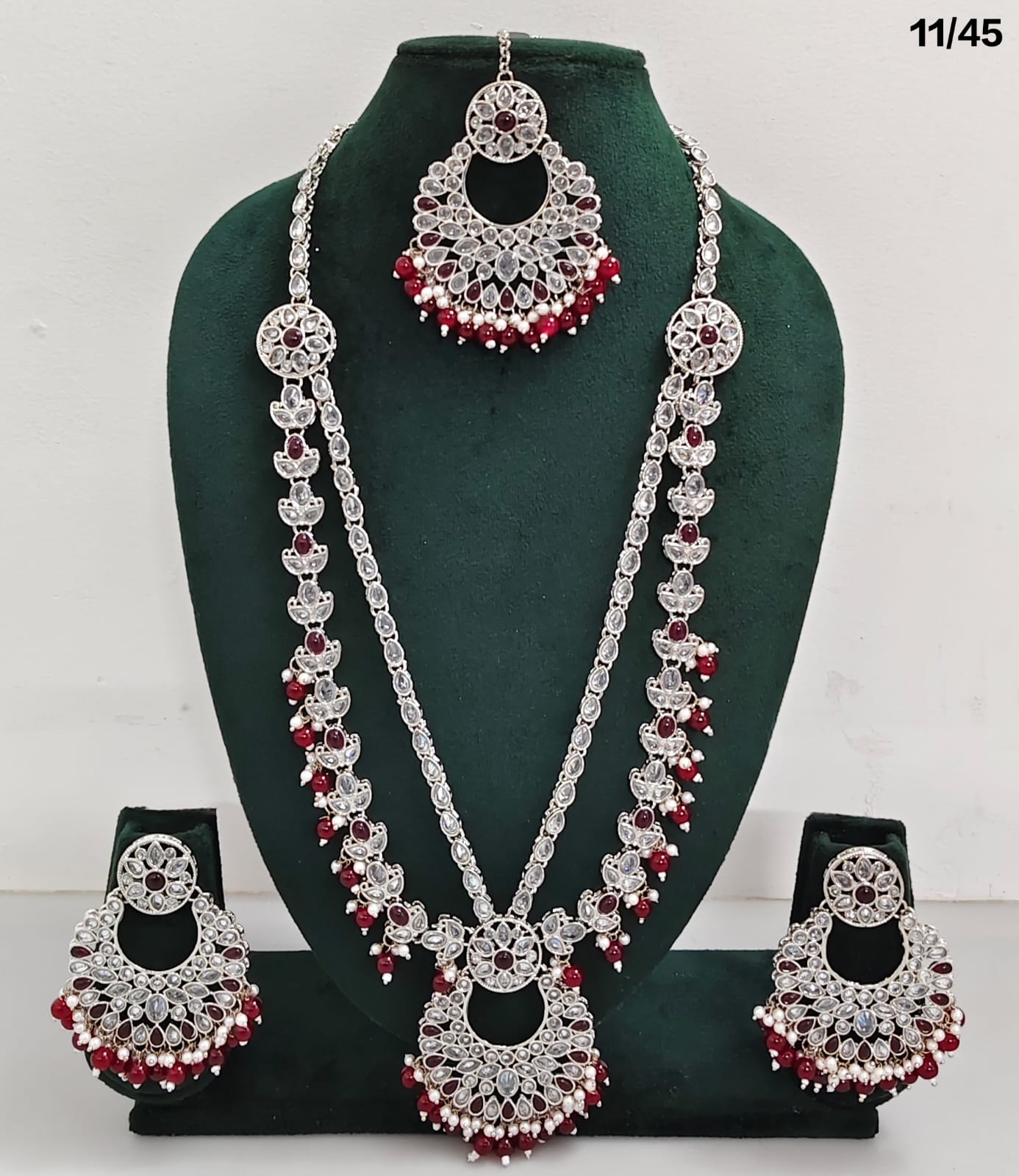 Traditional CZ Long Necklace Set with Intricate Detailing and Beaded Drops