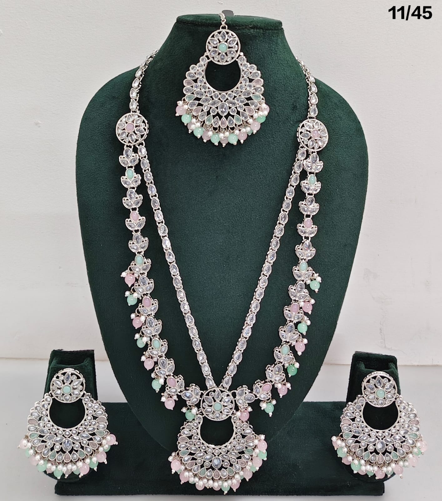 Traditional CZ Long Necklace Set with Intricate Detailing and Beaded Drops