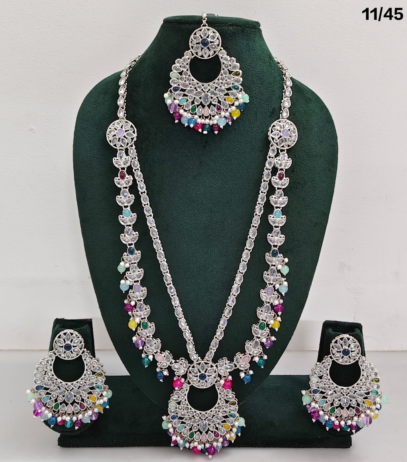 Traditional CZ Long Necklace Set with Intricate Detailing and Beaded Drops