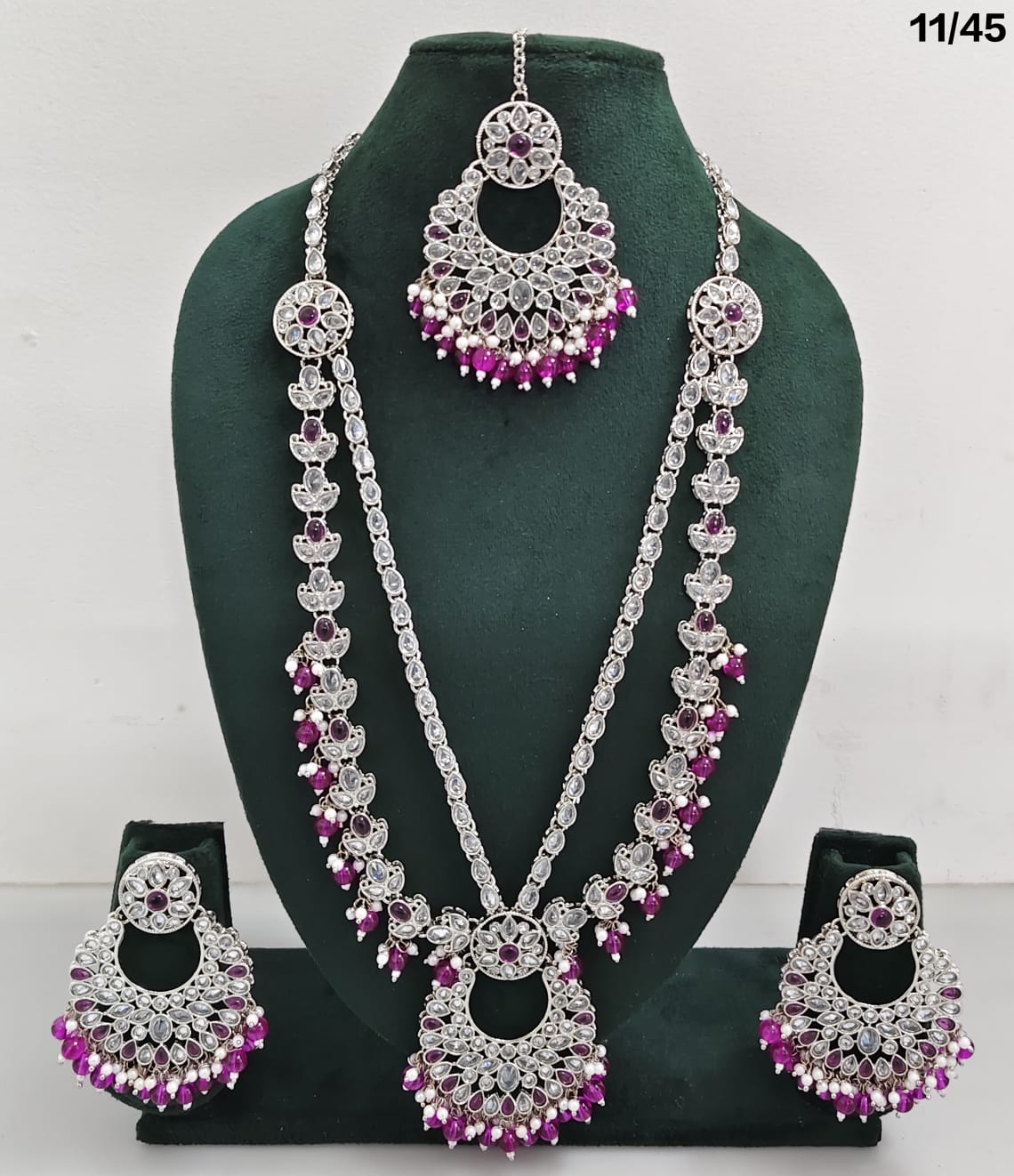 Traditional CZ Long Necklace Set with Intricate Detailing and Beaded Drops