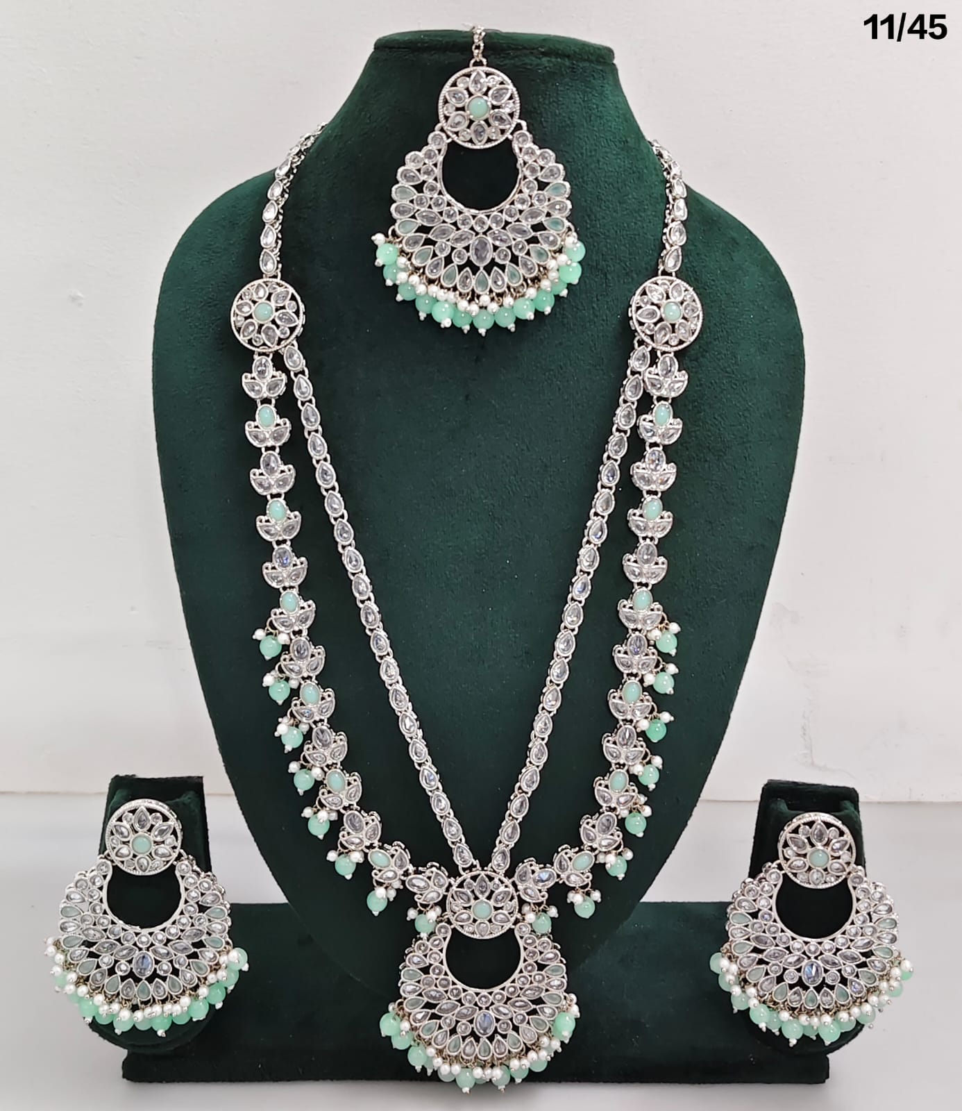 Traditional CZ Long Necklace Set with Intricate Detailing and Beaded Drops