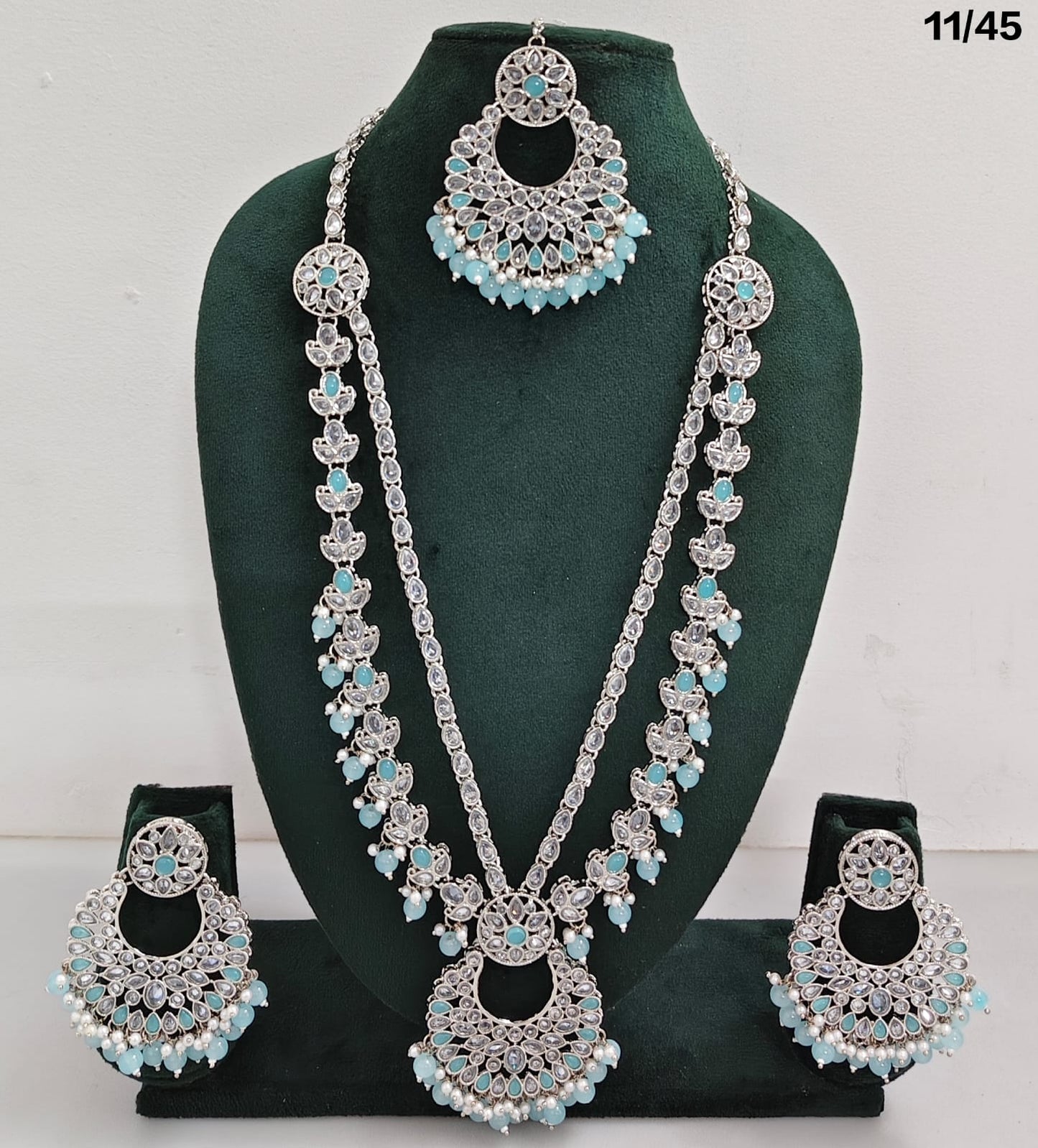 Traditional CZ Long Necklace Set with Intricate Detailing and Beaded Drops
