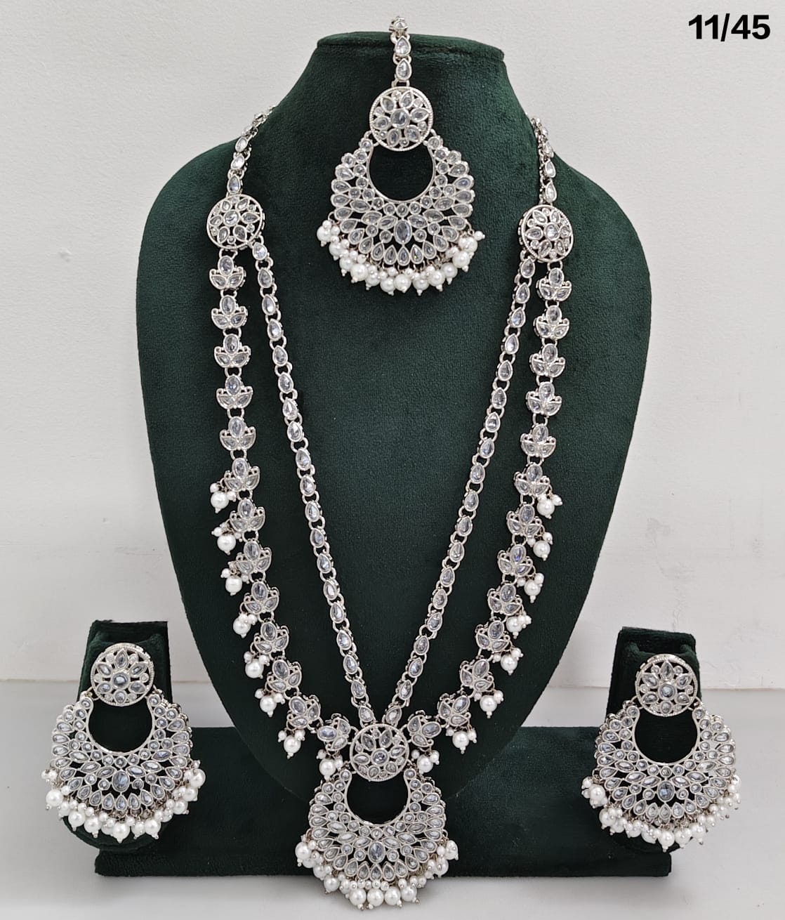 Traditional CZ Long Necklace Set with Intricate Detailing and Beaded Drops