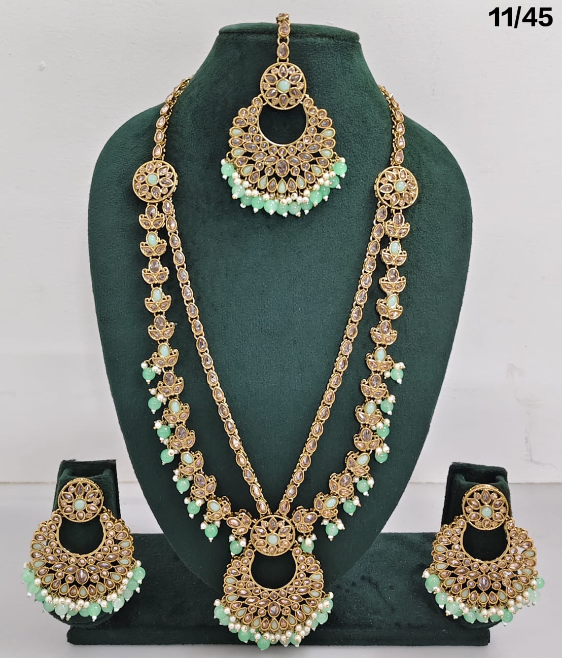 Traditional CZ Long Necklace Set with Beaded Drops and Matching Earrings
