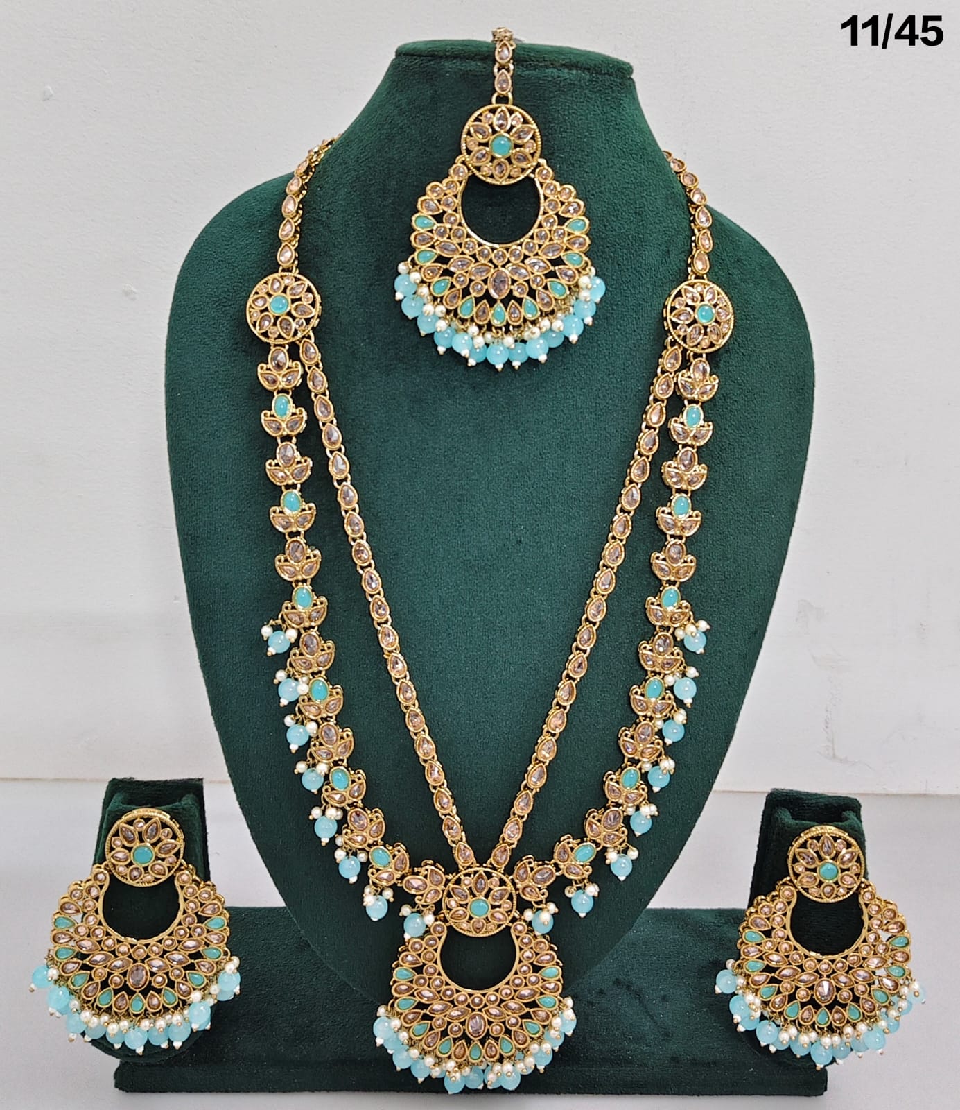Traditional CZ Long Necklace Set with Beaded Drops and Matching Earrings