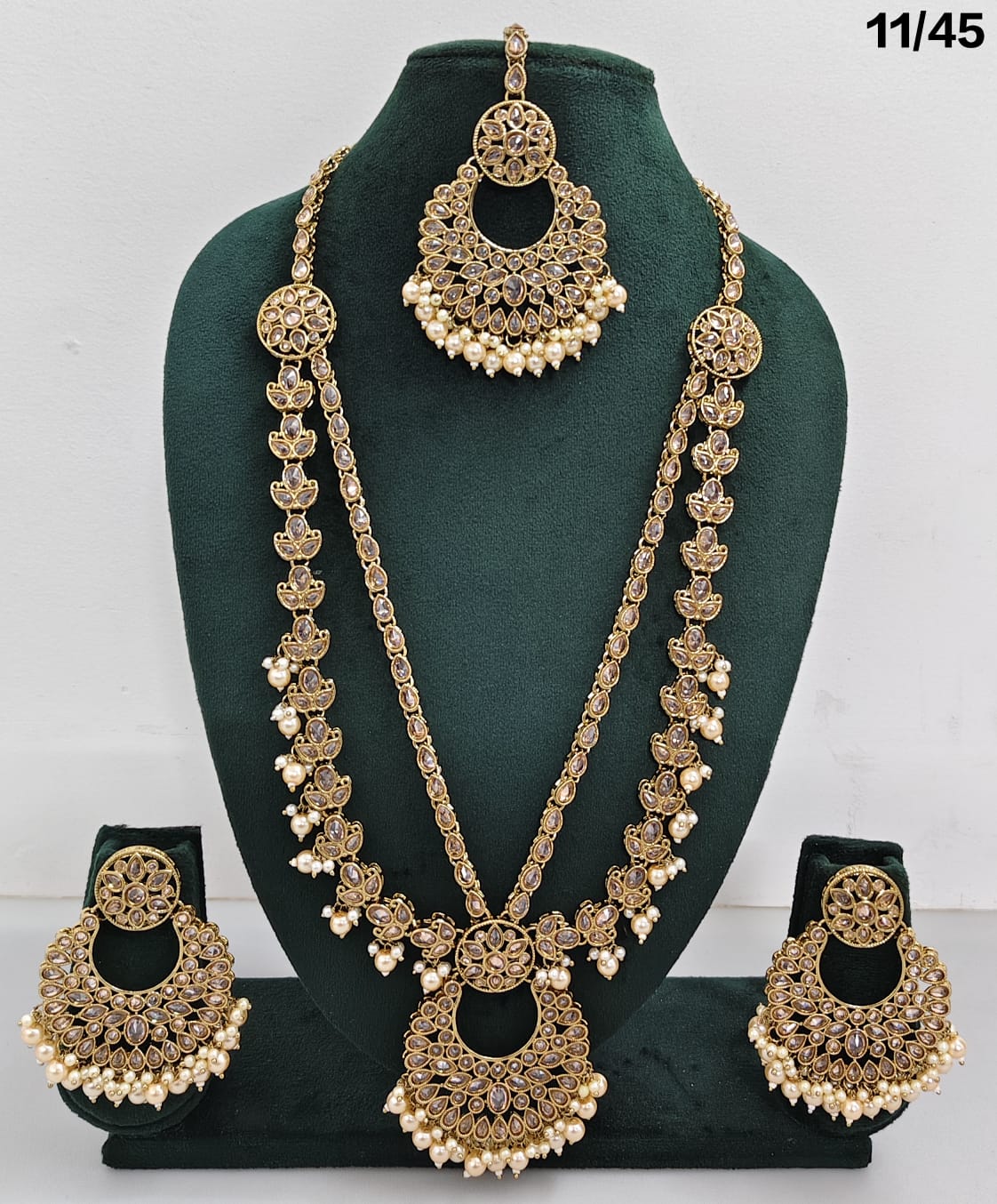 Traditional CZ Long Necklace Set with Beaded Drops and Matching Earrings