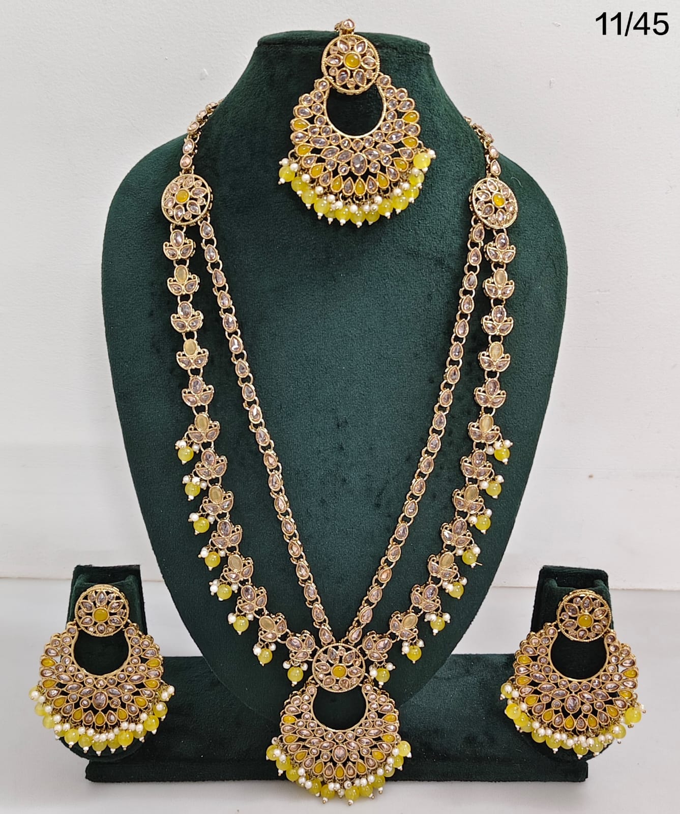 Traditional CZ Long Necklace Set with Beaded Drops and Matching Earrings