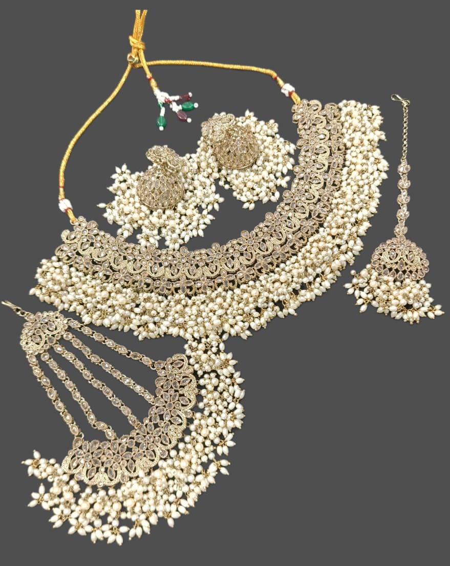 Traditional Gold Plated Choker Necklace Set with Pearl Embellishments
