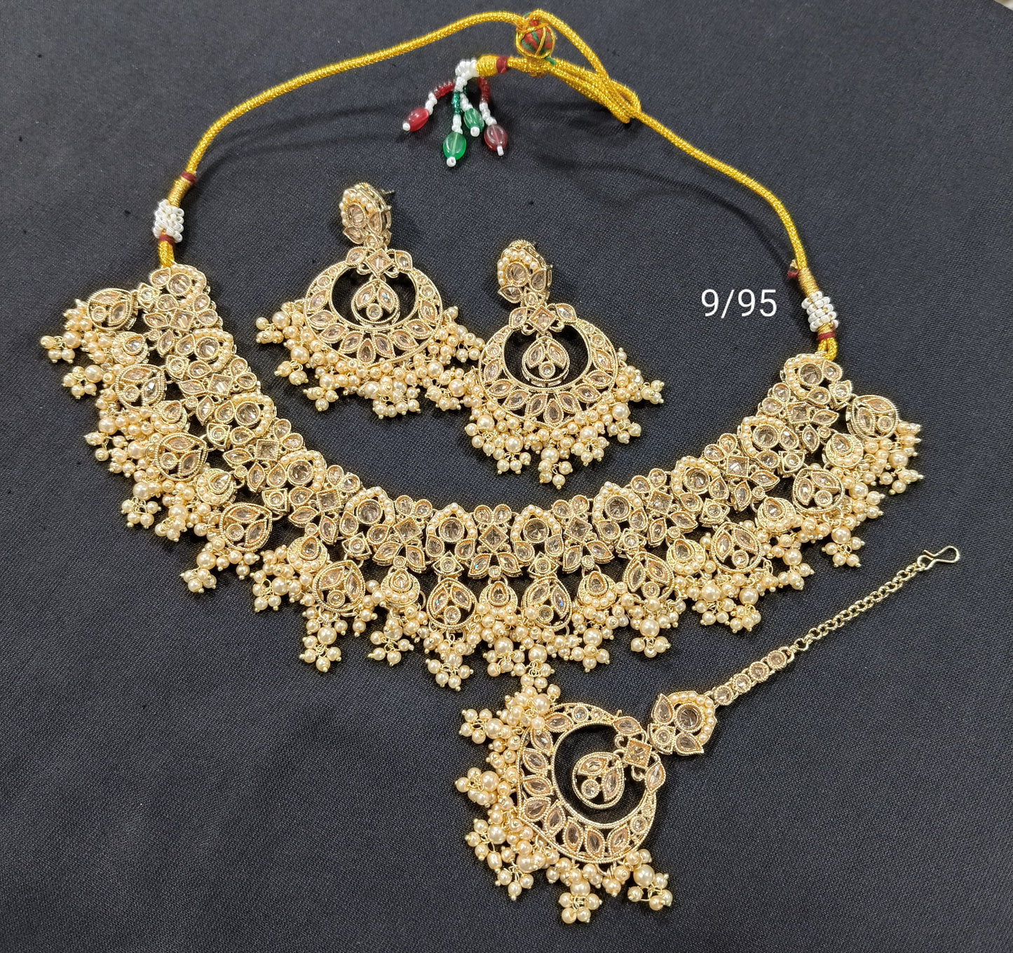 Traditional Pearl Cluster Choker Necklace Set with Floral Stone Design – Bridal & Festive Wear
