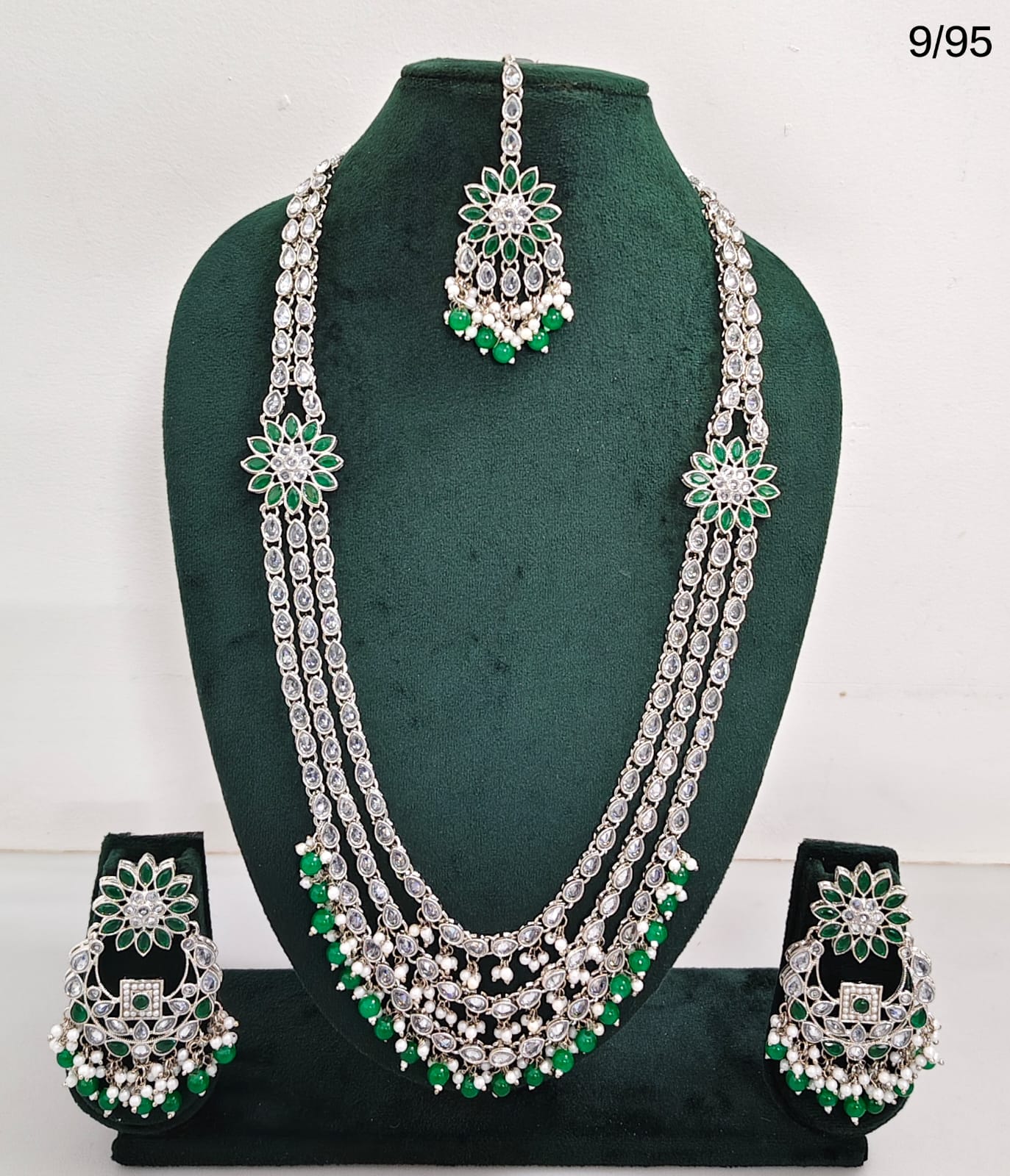 CZ Stone Studded Long Necklace Set with Earrings and Maang Tikka