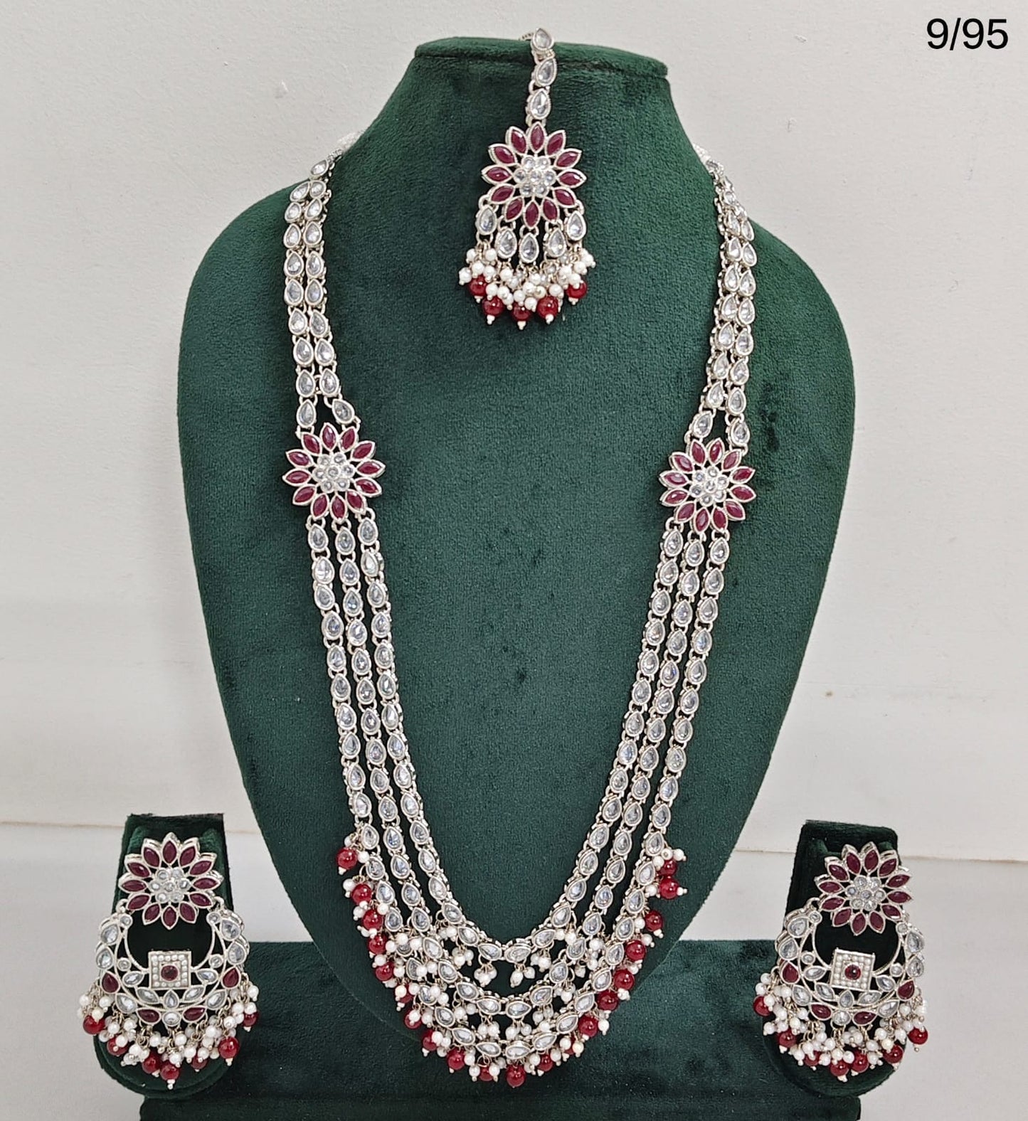 CZ Stone Studded Long Necklace Set with Earrings and Maang Tikka