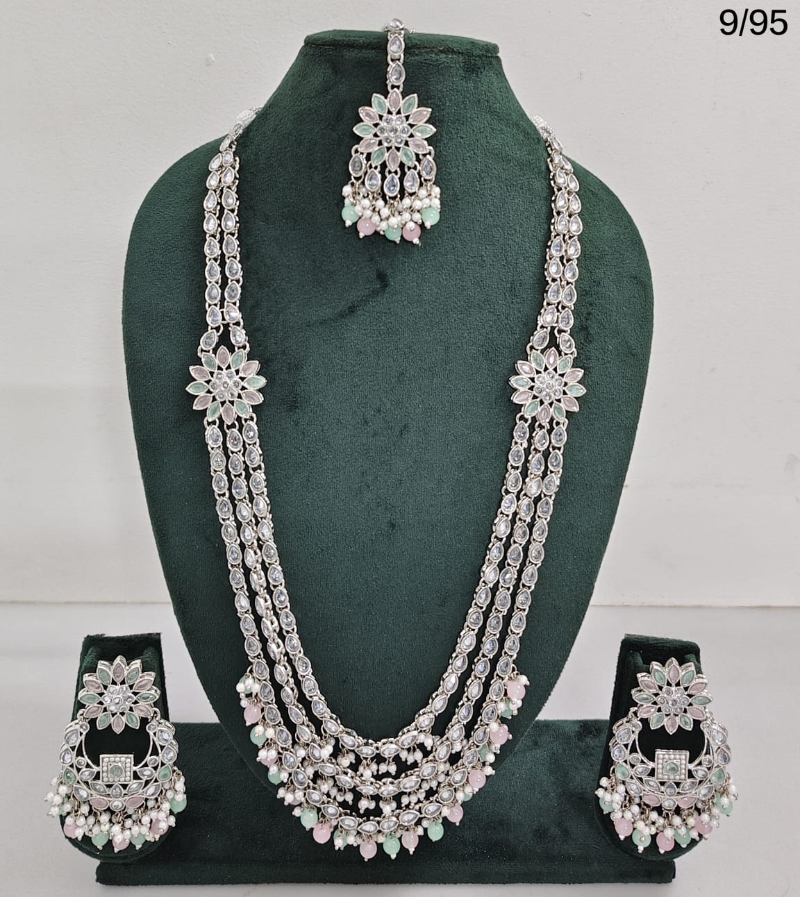 CZ Stone Studded Long Necklace Set with Earrings and Maang Tikka