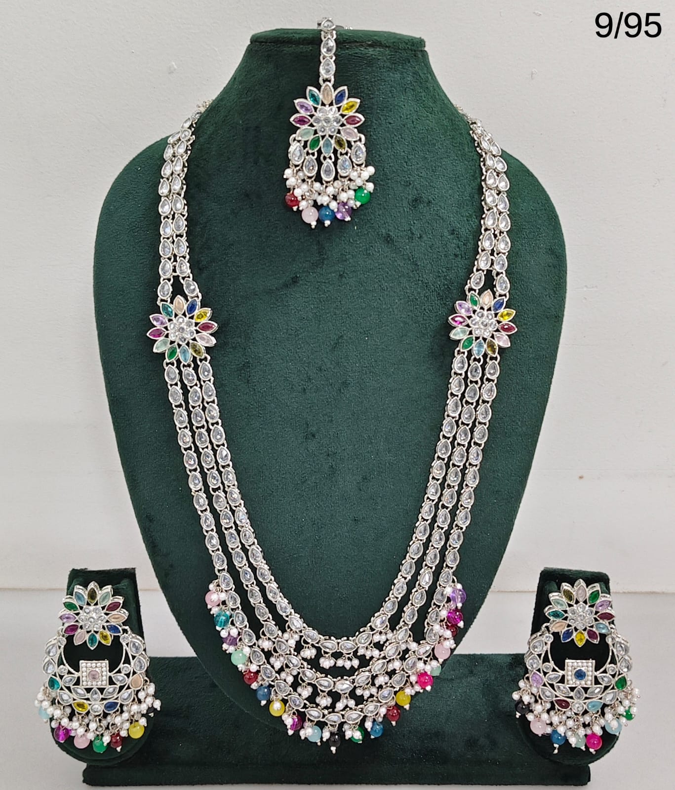 CZ Stone Studded Long Necklace Set with Earrings and Maang Tikka