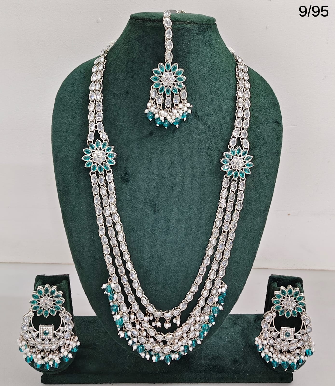 CZ Stone Studded Long Necklace Set with Earrings and Maang Tikka
