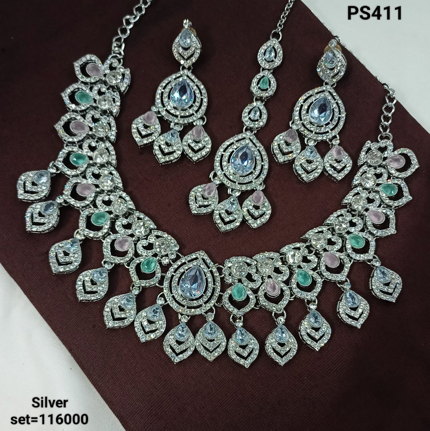 Luxury Silver Bridal Necklace & Earrings Set - CZ & Gemstone Detailing