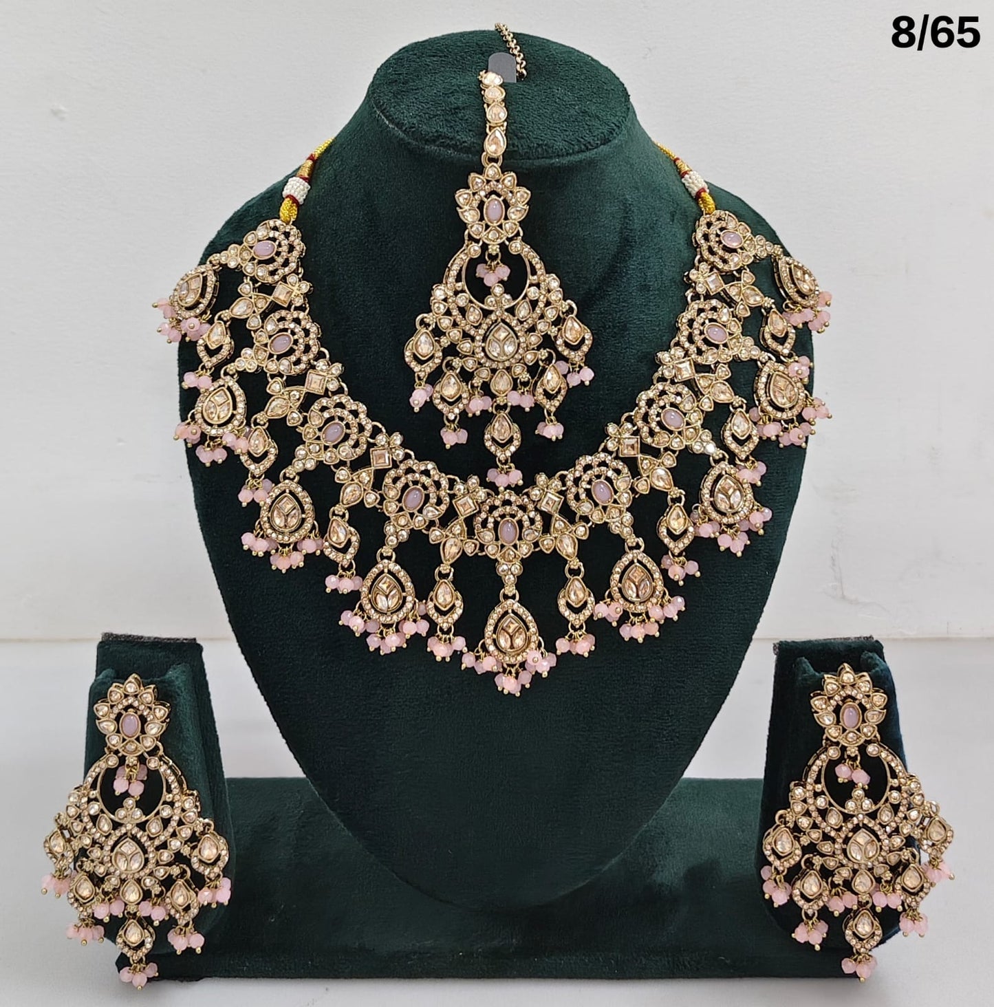 Bridal CZ Stone Choker Necklace Set with Earrings and Maang Tikka – Traditional Indian Jewelry