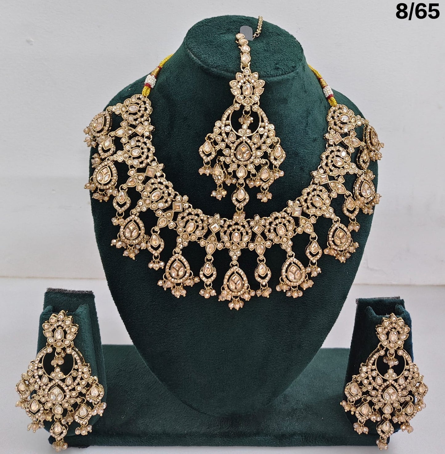 Bridal CZ Stone Choker Necklace Set with Earrings and Maang Tikka – Traditional Indian Jewelry