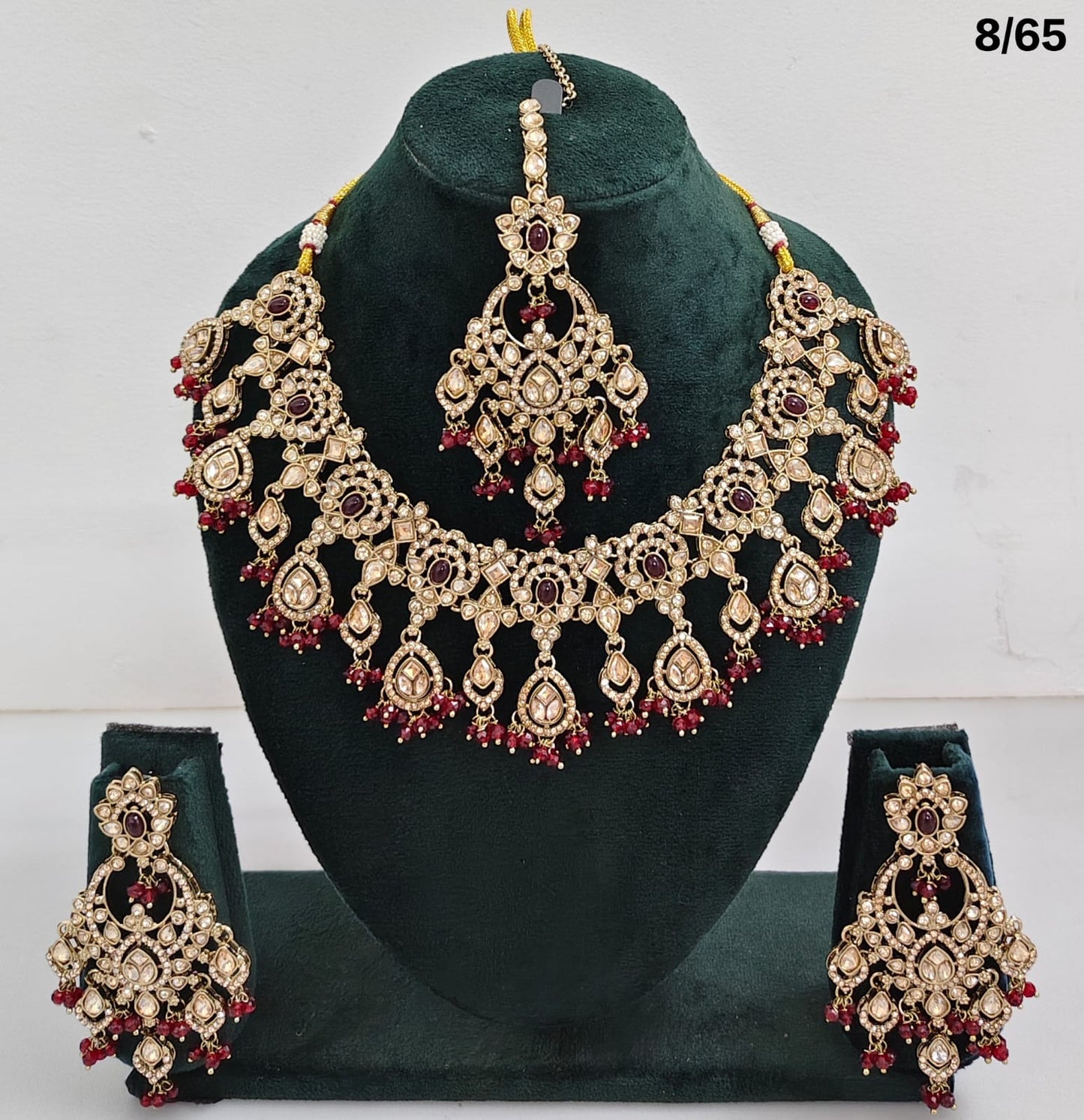 Bridal CZ Stone Choker Necklace Set with Earrings and Maang Tikka – Traditional Indian Jewelry