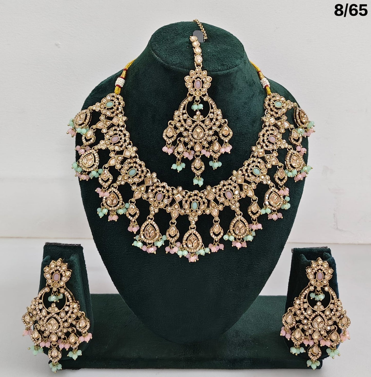 Bridal CZ Stone Choker Necklace Set with Earrings and Maang Tikka – Traditional Indian Jewelry