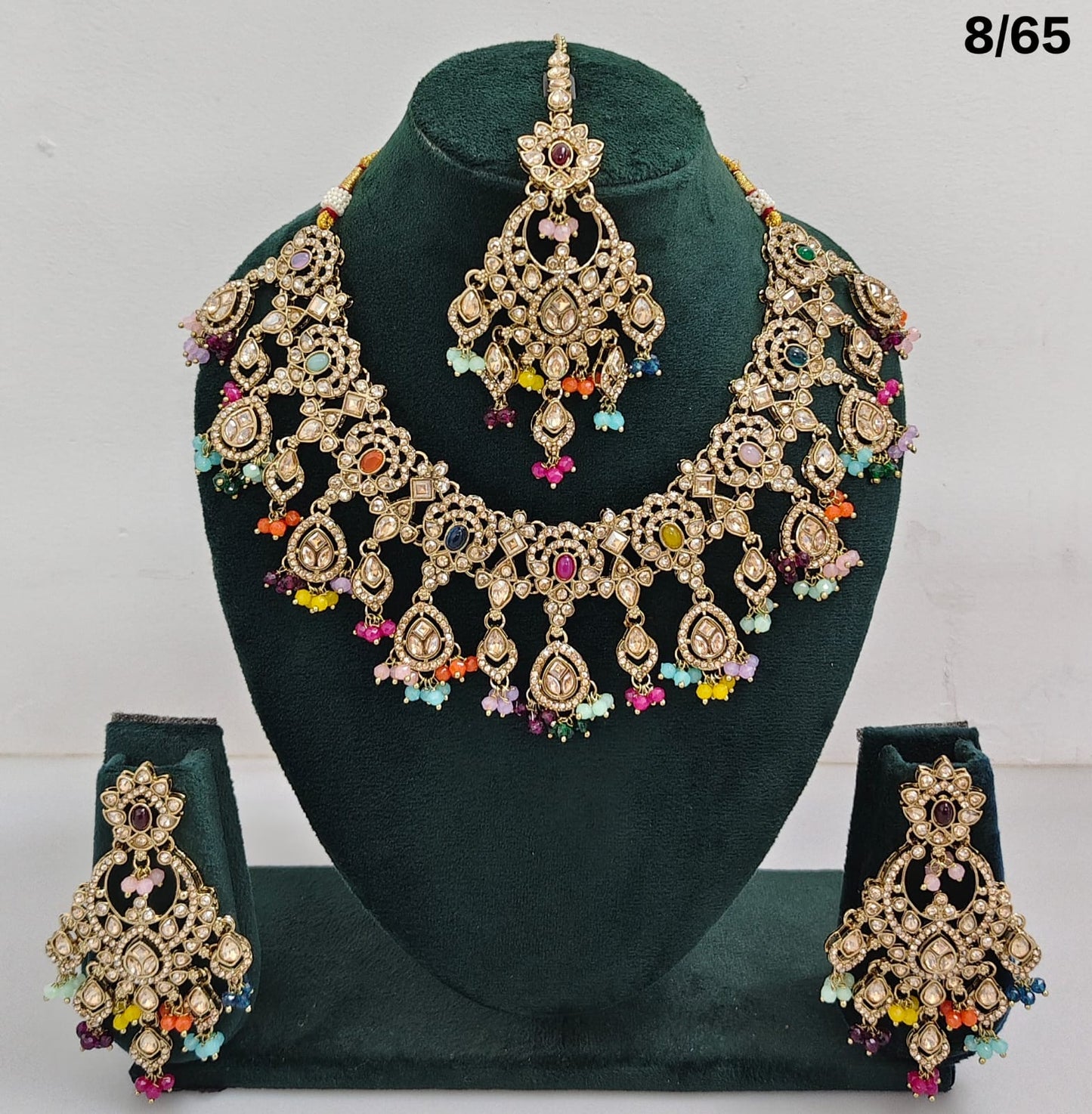 Bridal CZ Stone Choker Necklace Set with Earrings and Maang Tikka – Traditional Indian Jewelry