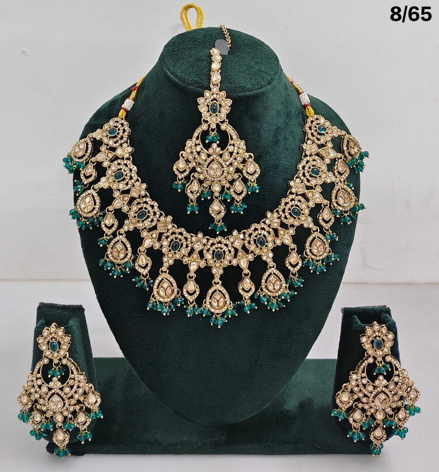 Bridal CZ Stone Choker Necklace Set with Earrings and Maang Tikka – Traditional Indian Jewelry