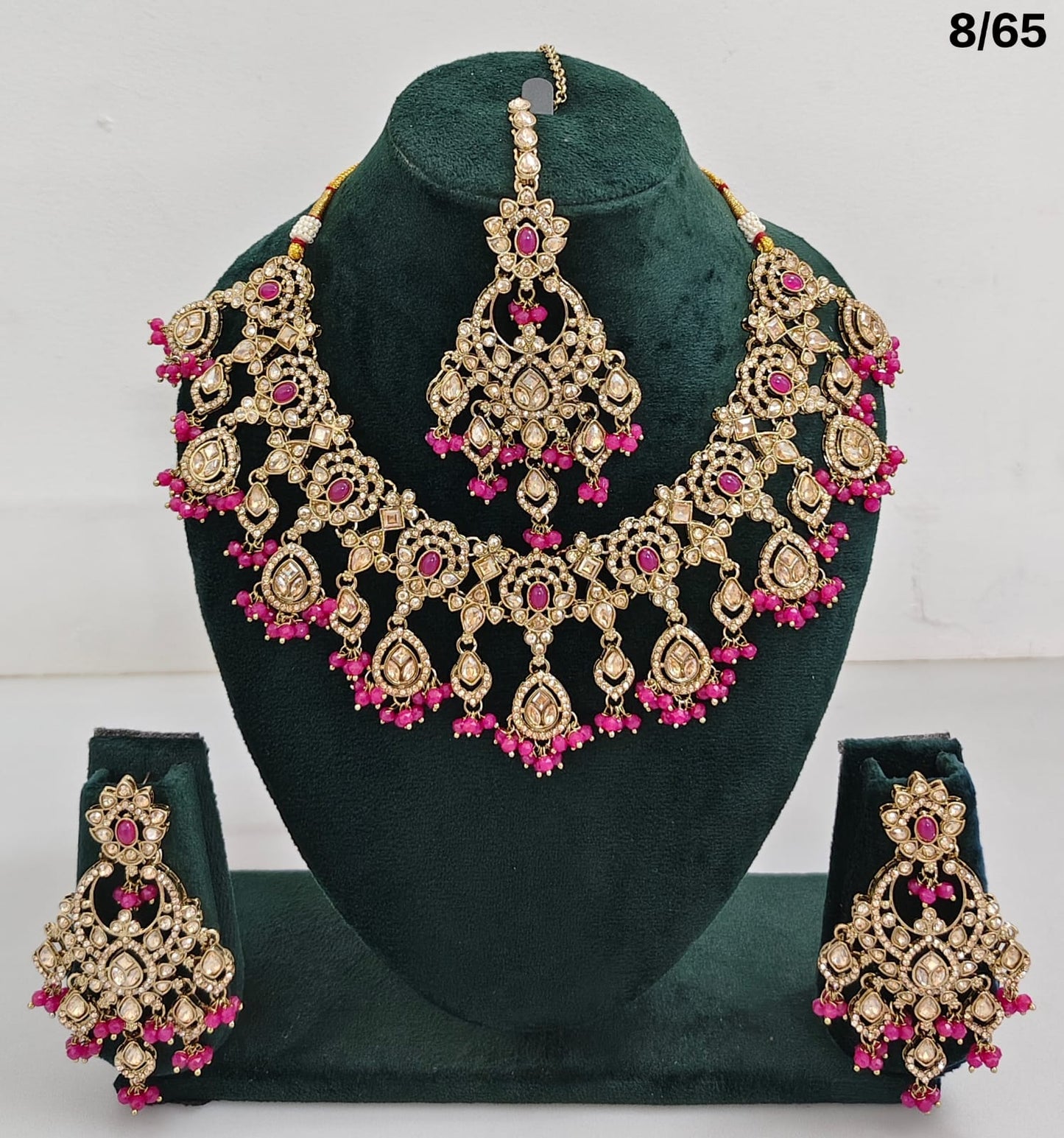 Bridal CZ Stone Choker Necklace Set with Earrings and Maang Tikka – Traditional Indian Jewelry