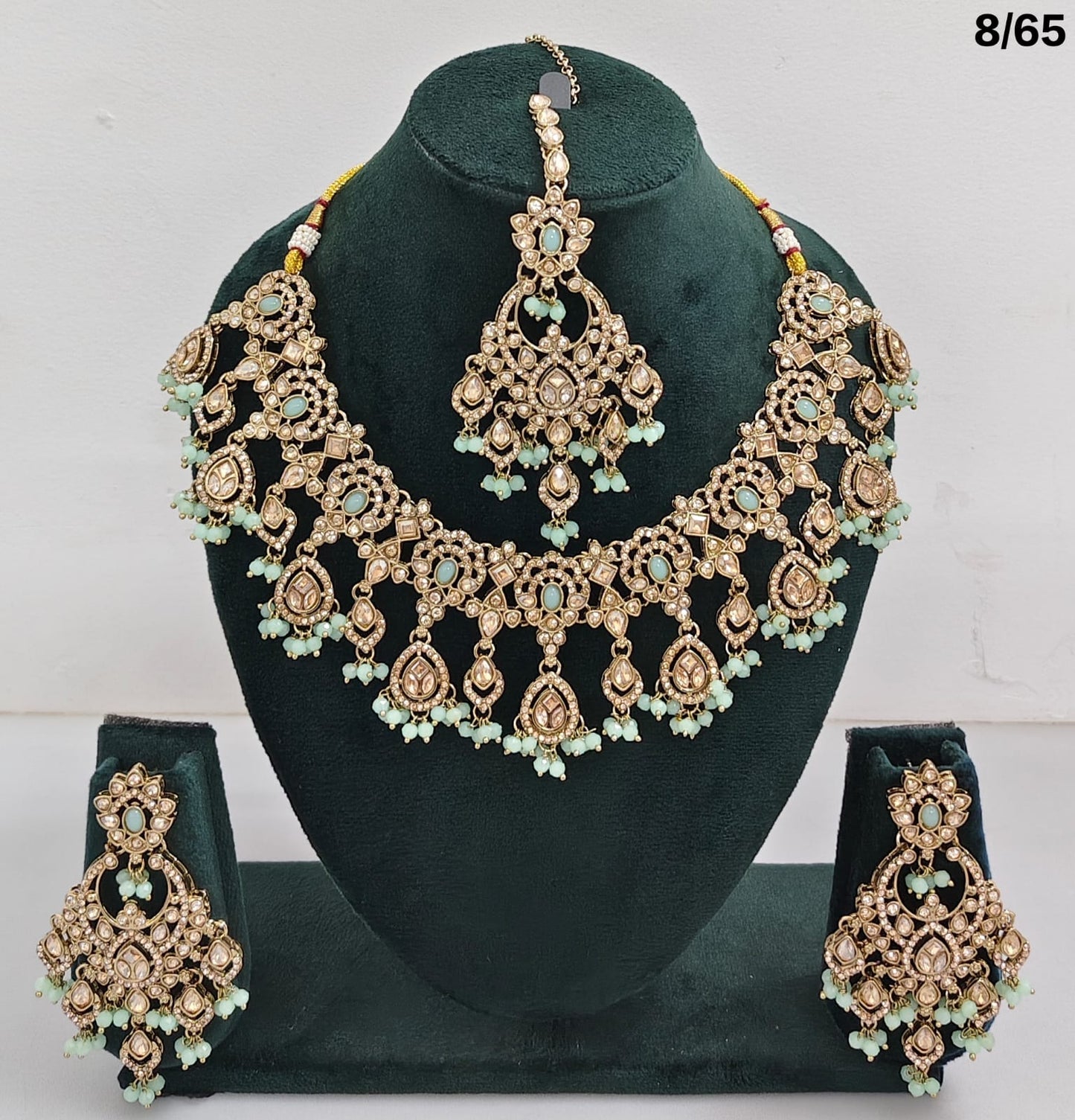 Bridal CZ Stone Choker Necklace Set with Earrings and Maang Tikka – Traditional Indian Jewelry