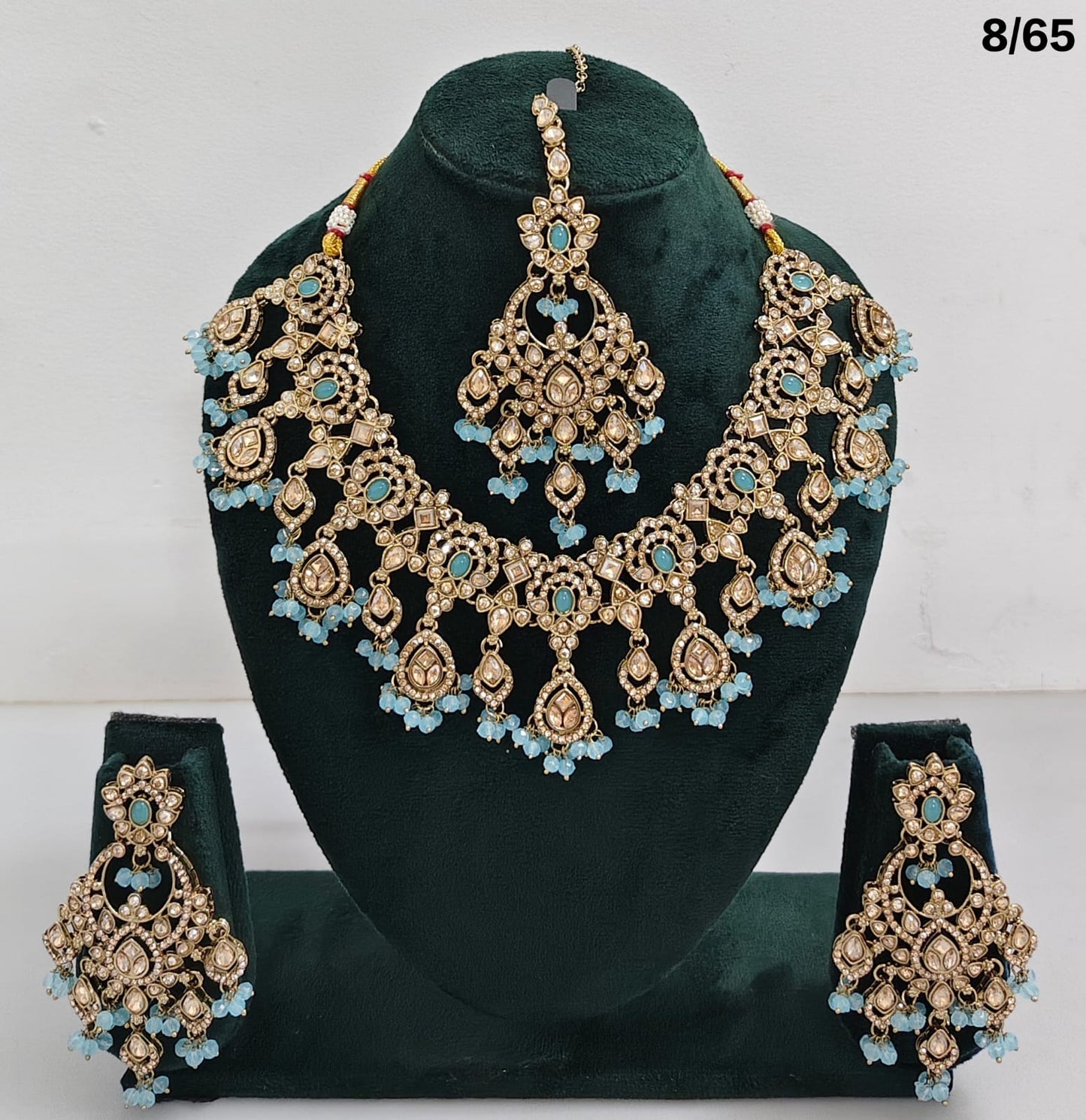 Bridal CZ Stone Choker Necklace Set with Earrings and Maang Tikka – Traditional Indian Jewelry