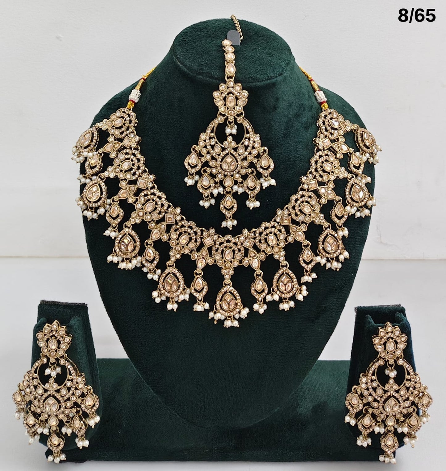 Bridal CZ Stone Choker Necklace Set with Earrings and Maang Tikka – Traditional Indian Jewelry