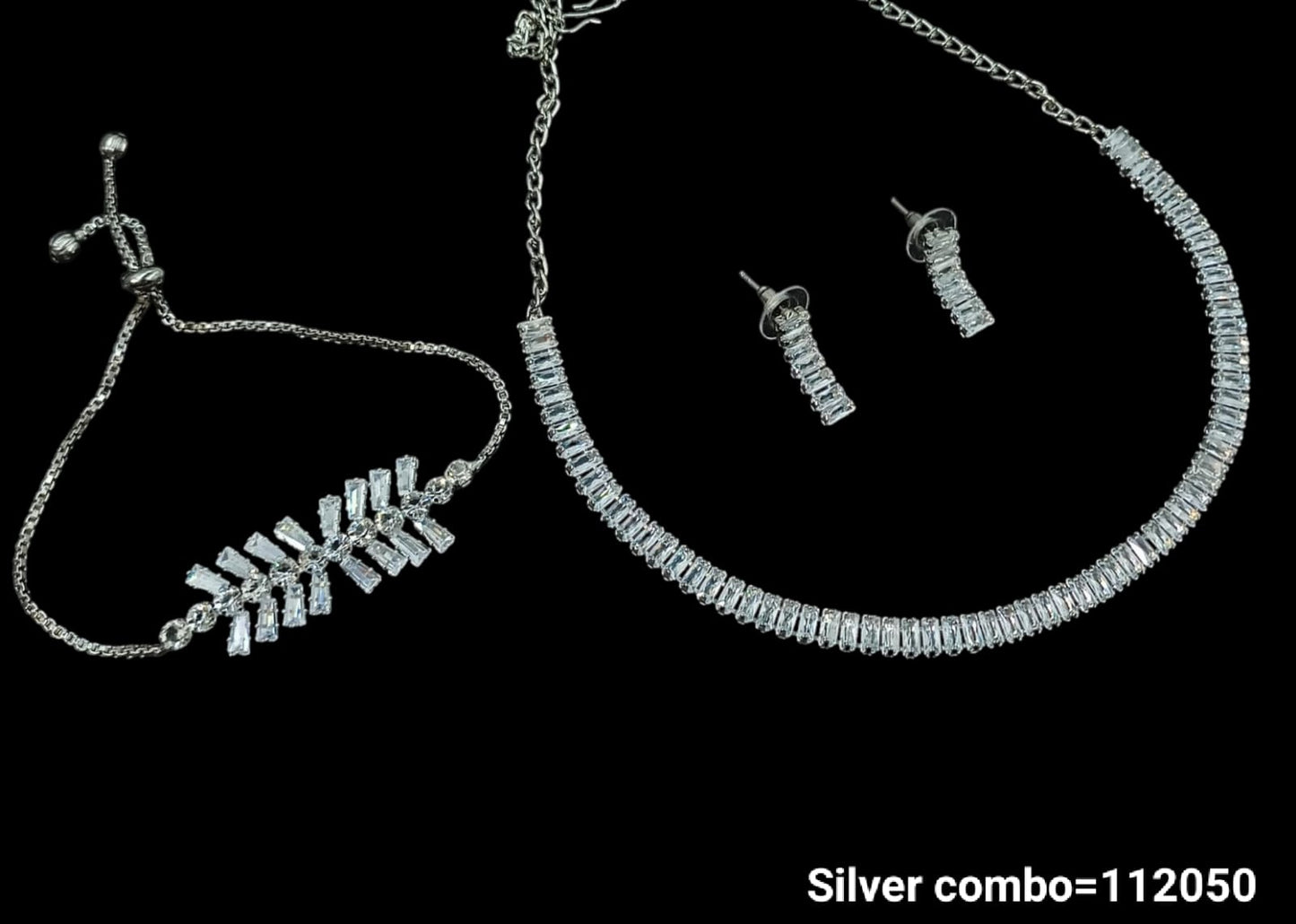 Elegant Silver Jewelry Set – Necklace, Bracelet & Earrings Combo with Sparkling Crystals