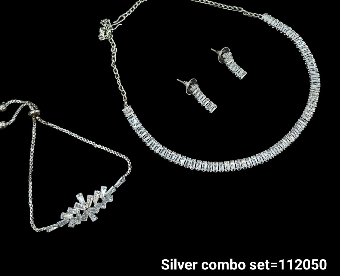 Elegant Silver Jewelry Combo Set – Sparkling Necklace, Earrings & Geometric Design Bracelet