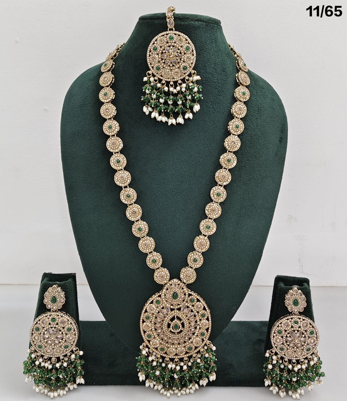 Elegant CZ Stone Necklace Set with Pearls – Bridal Jewelry Set with Earrings & Maang Tikka