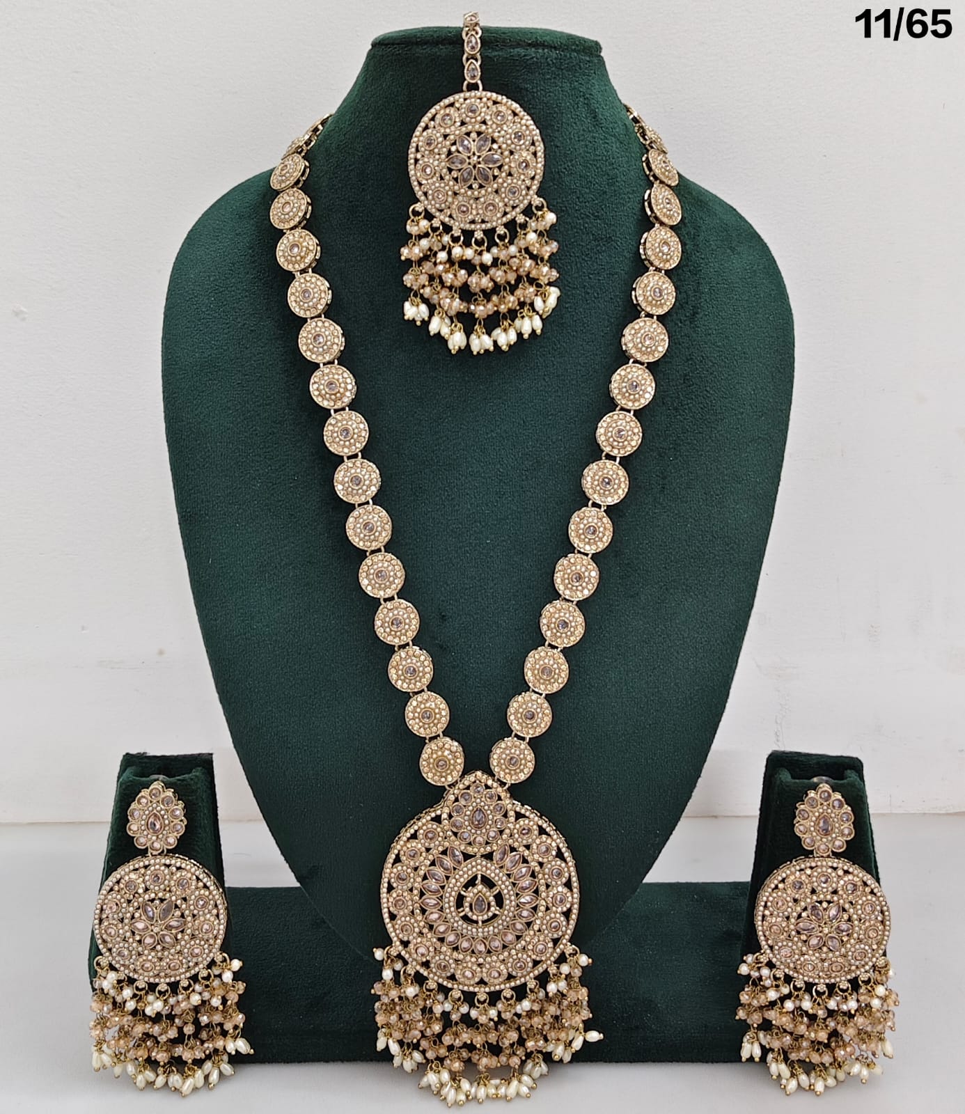 Elegant CZ Stone Necklace Set with Pearls – Bridal Jewelry Set with Earrings & Maang Tikka