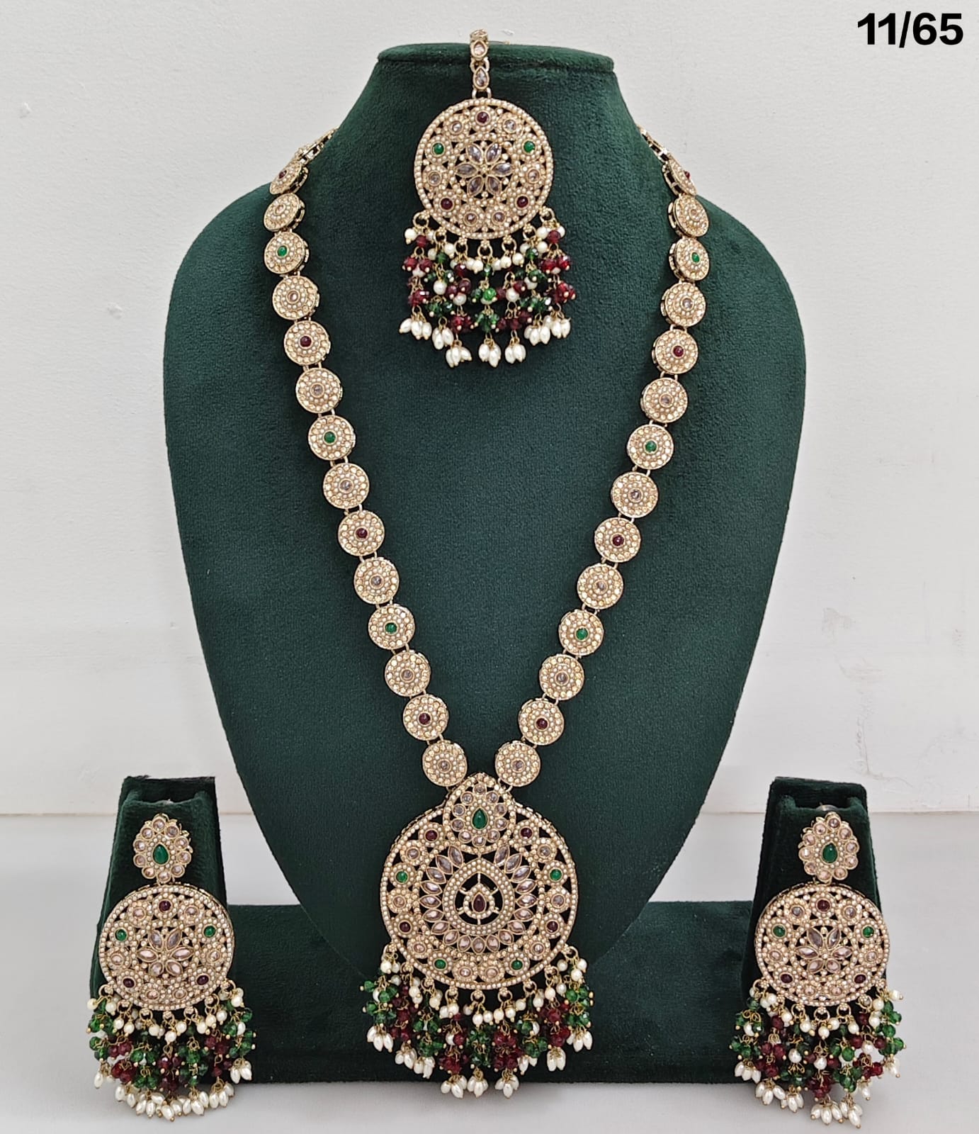 Elegant CZ Stone Necklace Set with Pearls – Bridal Jewelry Set with Earrings & Maang Tikka