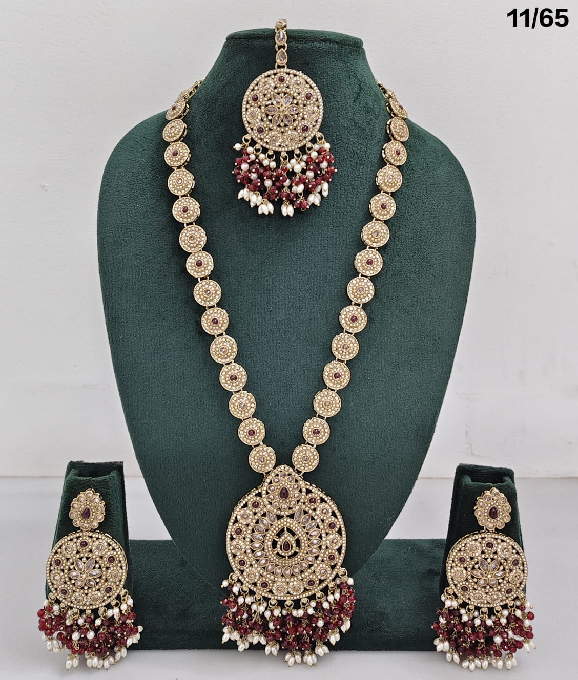 Elegant CZ Stone Necklace Set with Pearls – Bridal Jewelry Set with Earrings & Maang Tikka