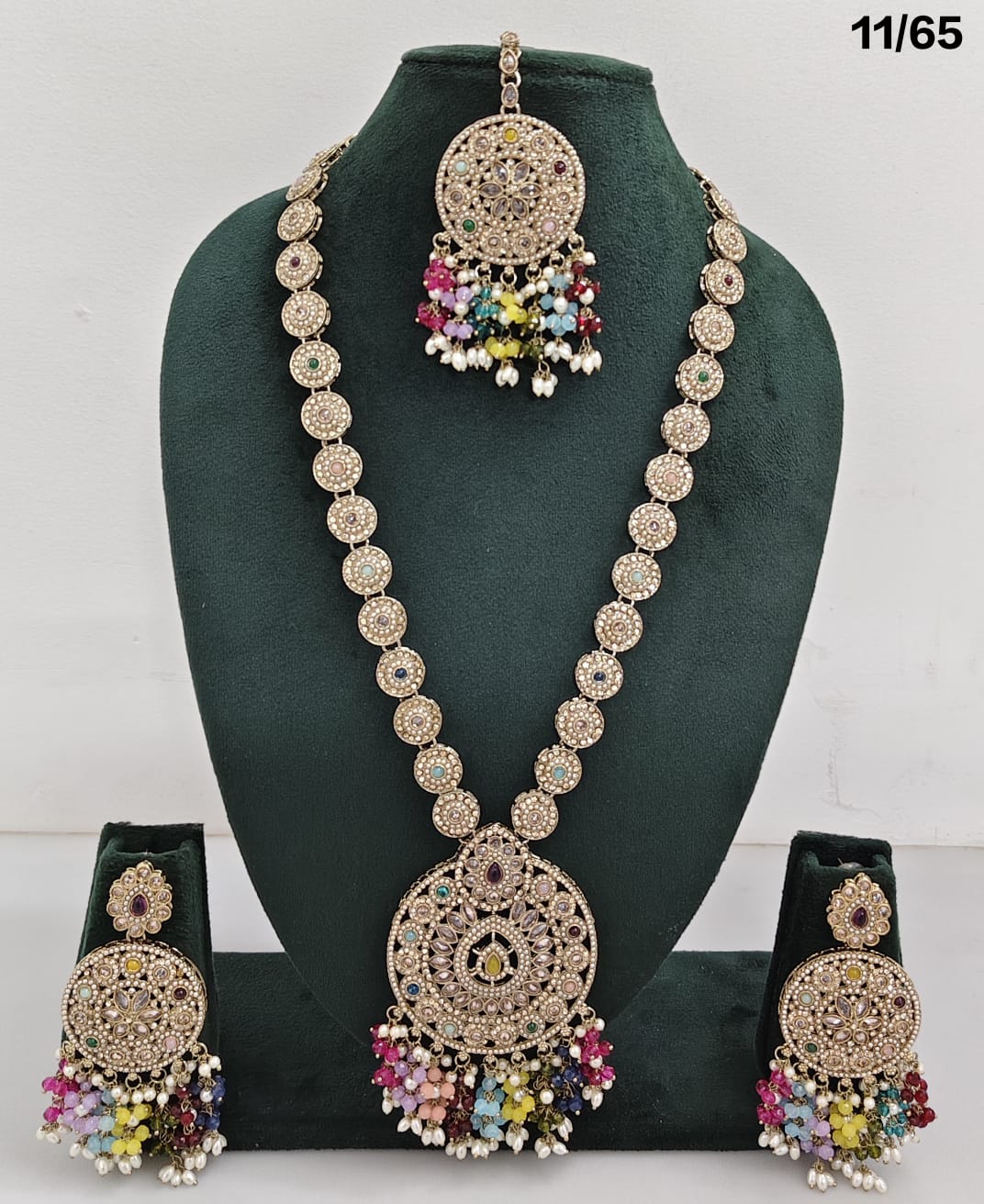 Elegant CZ Stone Necklace Set with Pearls – Bridal Jewelry Set with Earrings & Maang Tikka