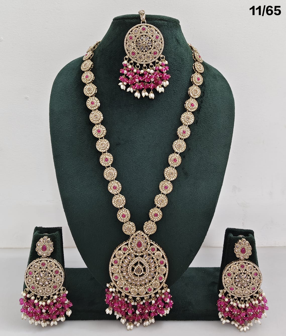 Elegant CZ Stone Necklace Set with Pearls – Bridal Jewelry Set with Earrings & Maang Tikka