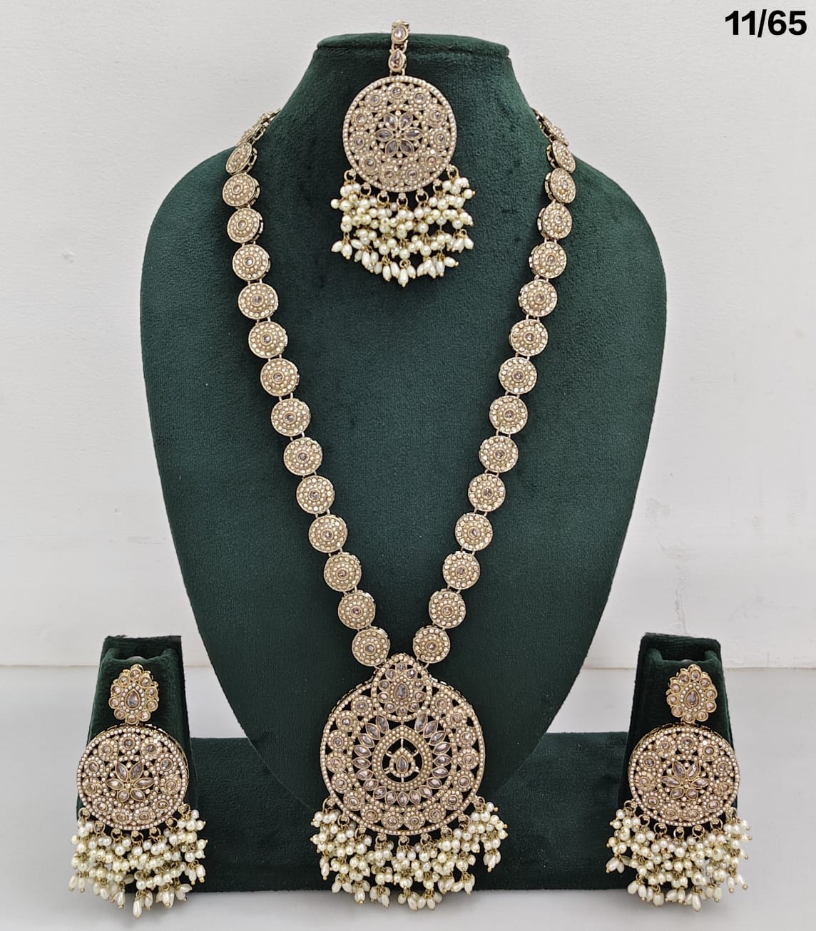 Elegant CZ Stone Necklace Set with Pearls – Bridal Jewelry Set with Earrings & Maang Tikka