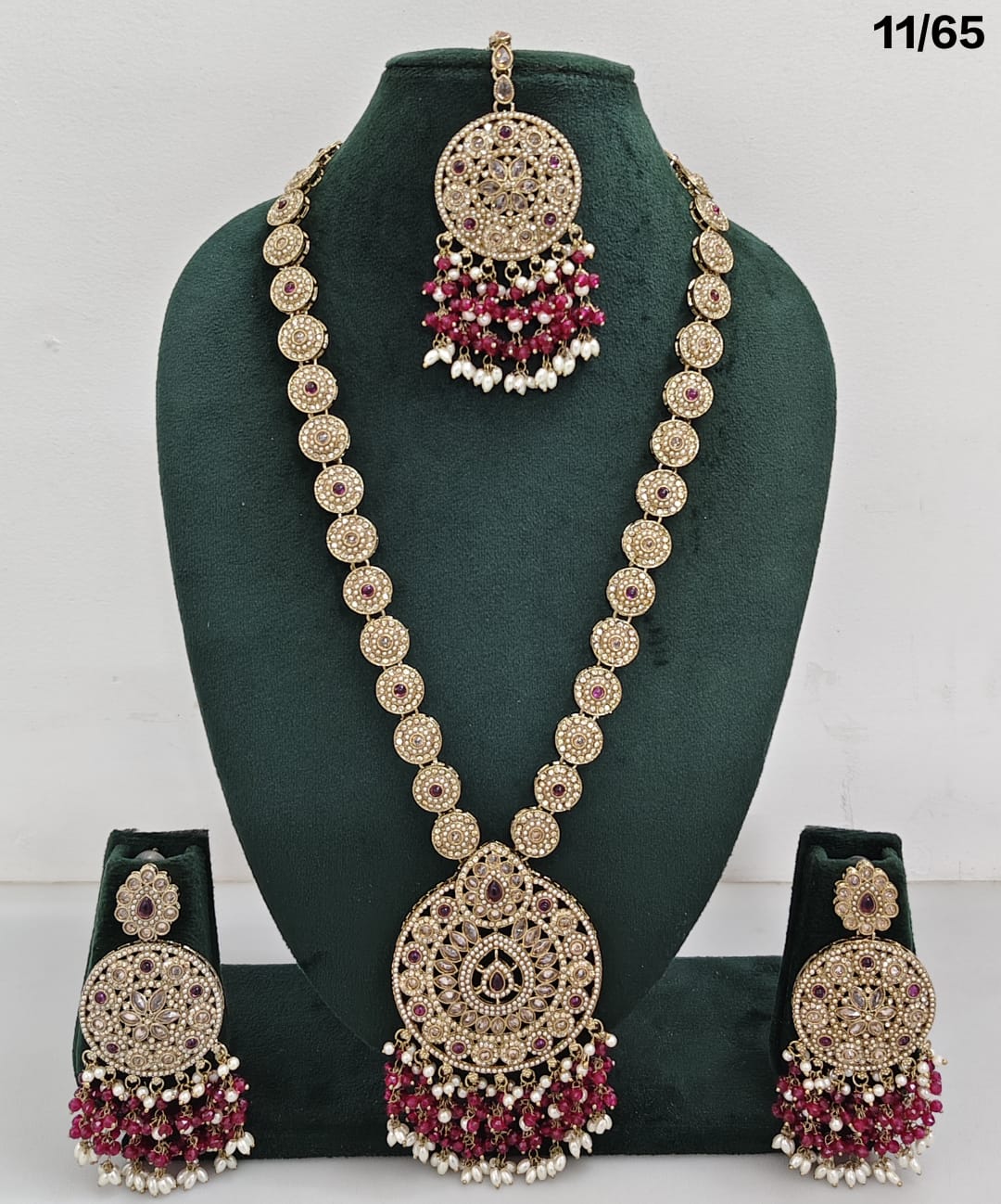 Elegant CZ Stone Necklace Set with Pearls – Bridal Jewelry Set with Earrings & Maang Tikka