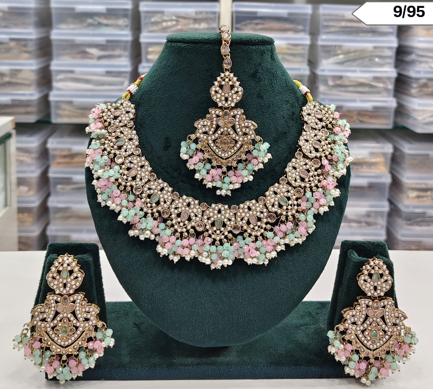 Elegant Pearl and Stone Choker Necklace Set with Earrings & Maang Tikka