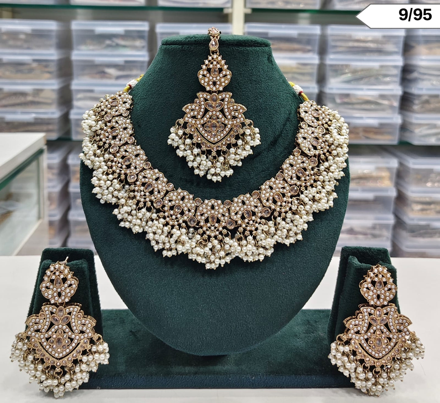 Elegant Pearl and Stone Choker Necklace Set with Earrings & Maang Tikka