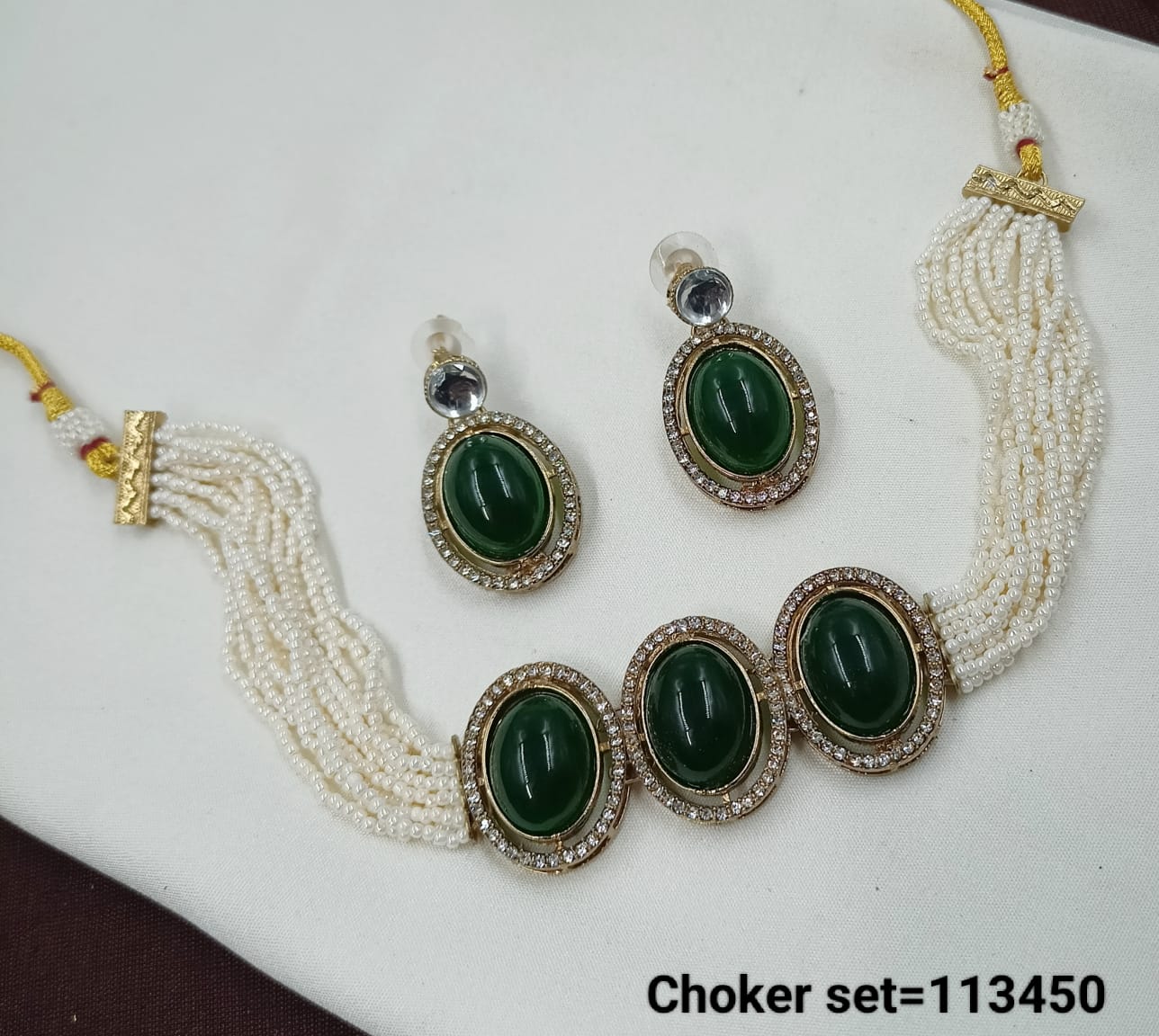 Elegant Multi-Strand Pearl Choker Set with Oval Gemstone Accents