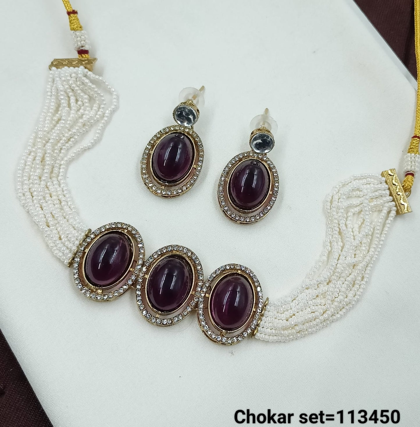 Elegant Multi-Strand Pearl Choker Set with Oval Gemstone Accents