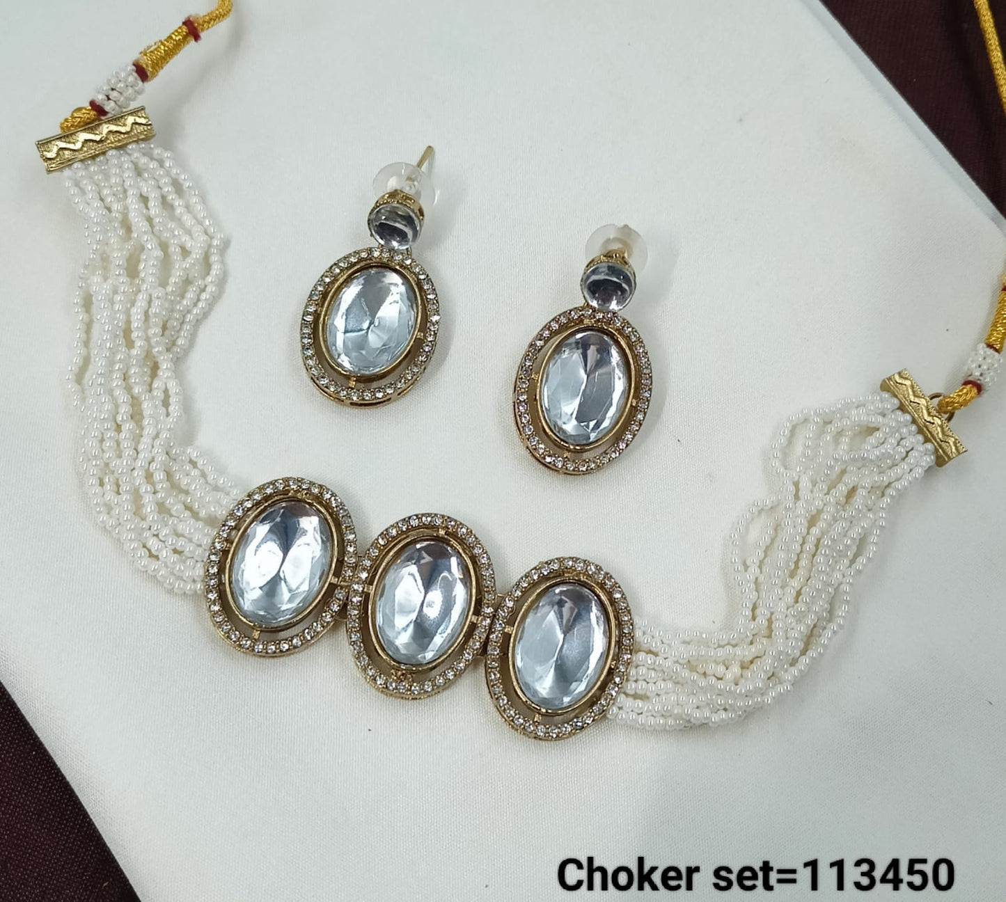 Elegant Multi-Strand Pearl Choker Set with Oval Gemstone Accents