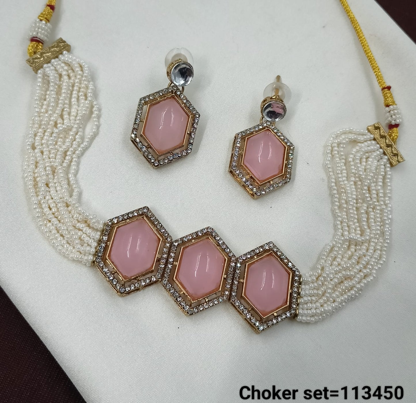 Handcrafted Pearl Multi-Strand Choker Set with Hexagonal Stones – Lucentemarket