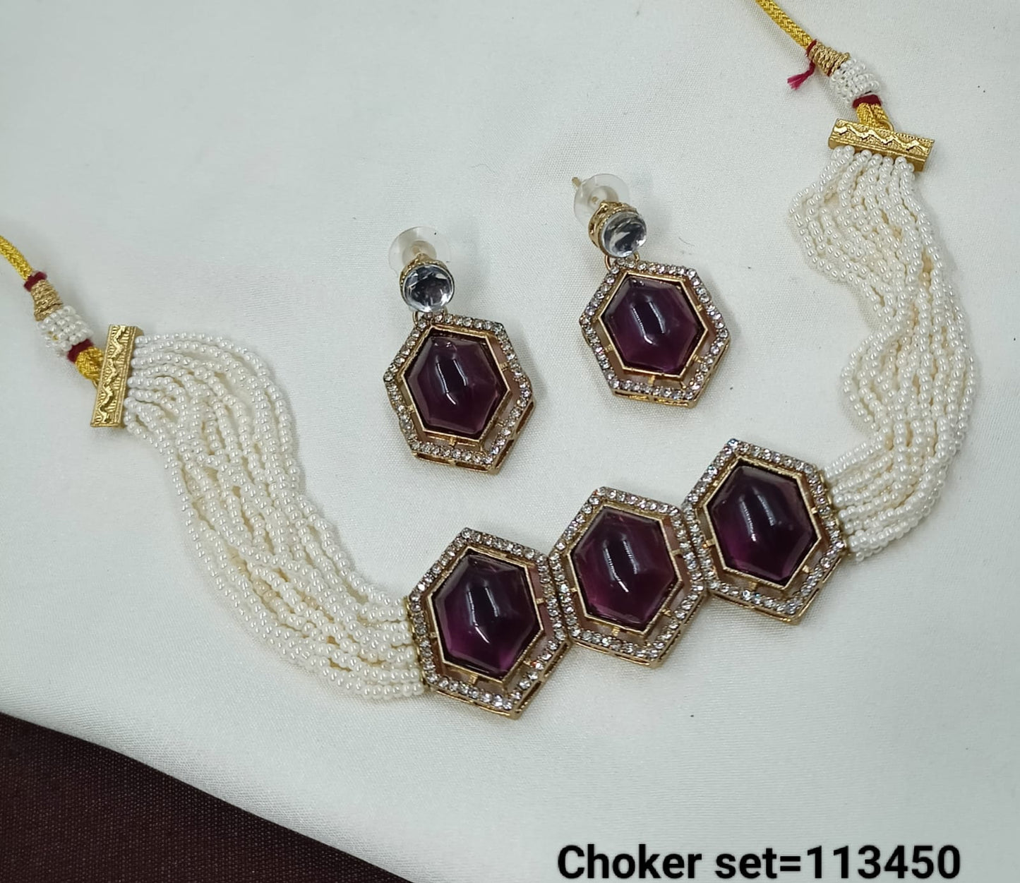 Handcrafted Pearl Multi-Strand Choker Set with Hexagonal Stones – Lucentemarket