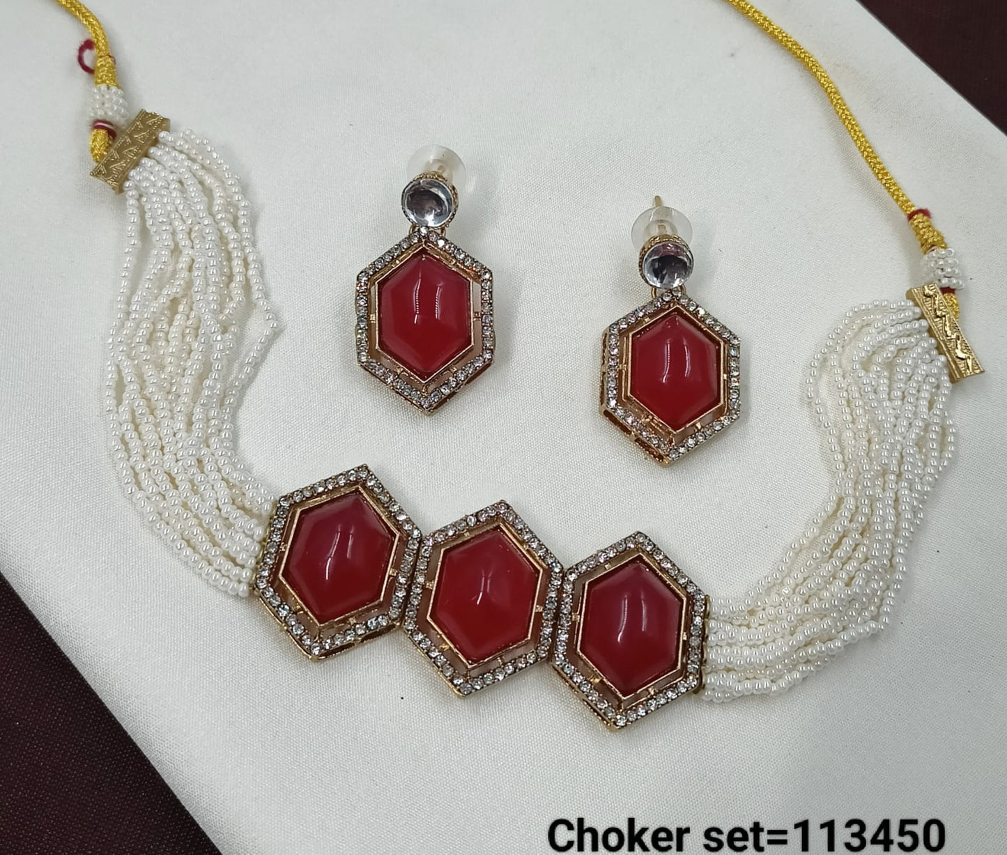 Handcrafted Pearl Multi-Strand Choker Set with Hexagonal Stones – Lucentemarket