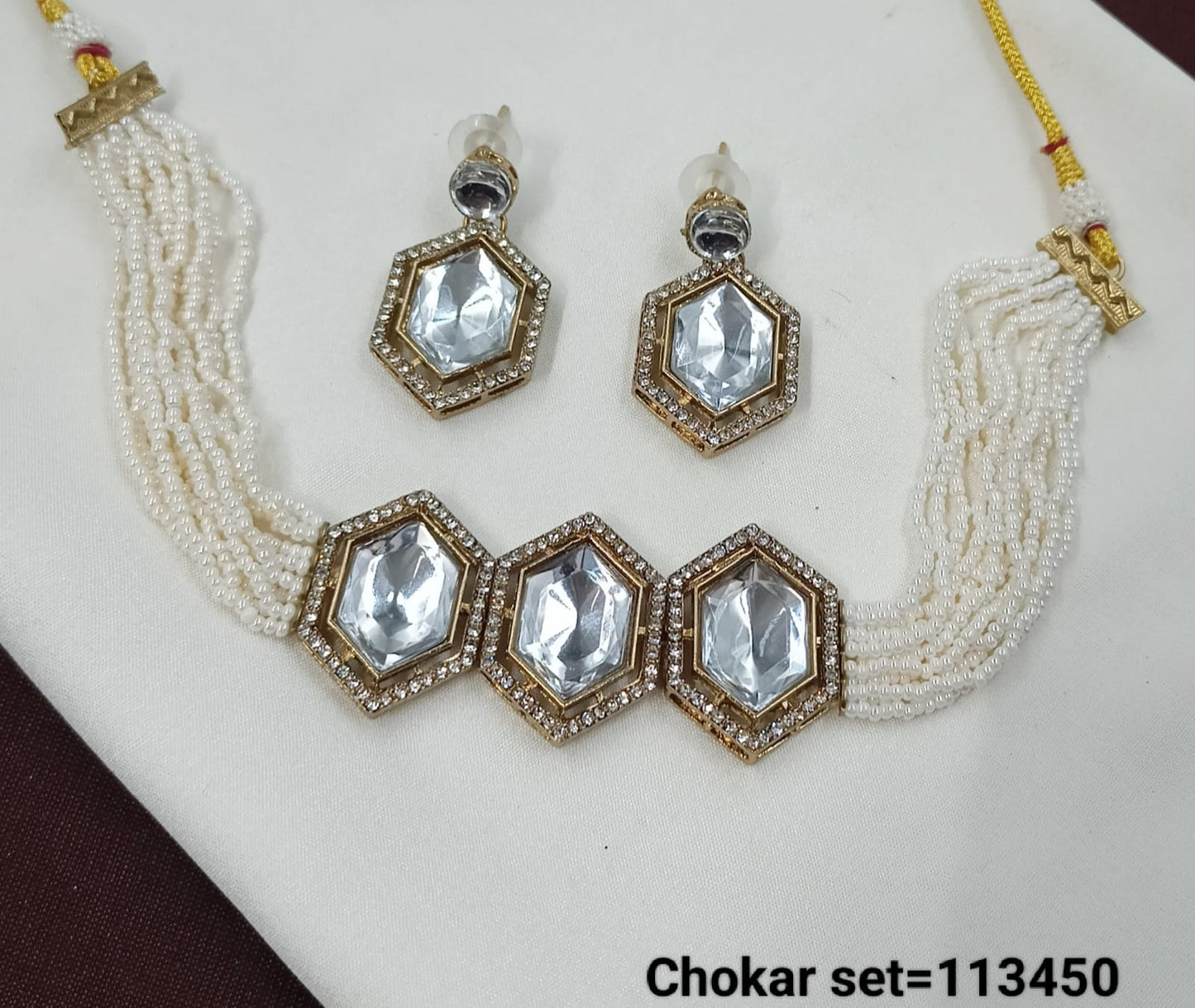 Handcrafted Pearl Multi-Strand Choker Set with Hexagonal Stones – Lucentemarket