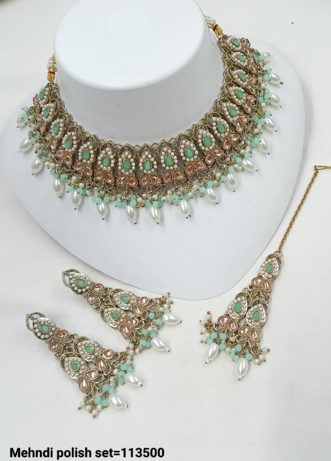 Antique Finish Bridal Jewelry Set – Necklace, Earrings & Maang Tikka