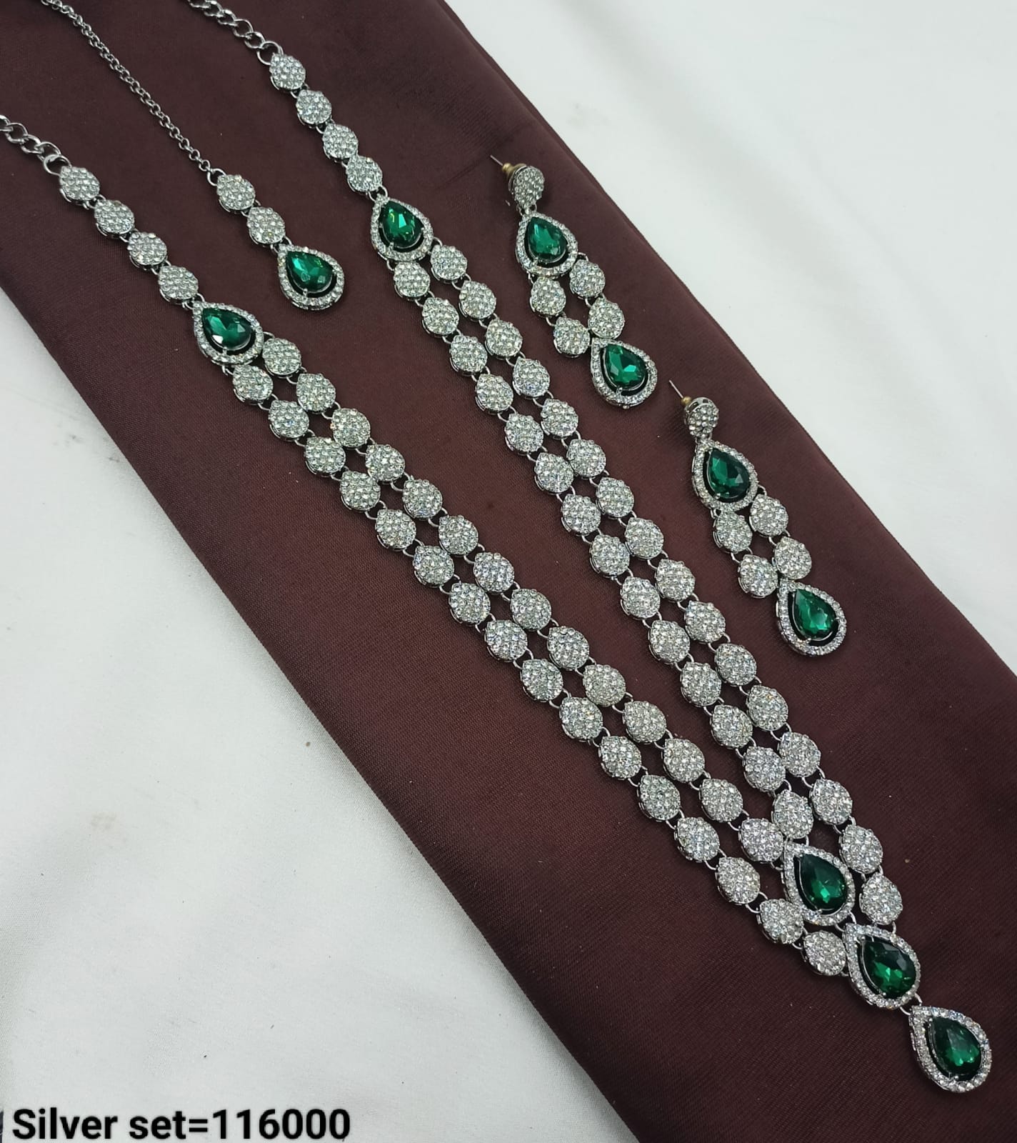 Teardrop Stone & CZ Silver Long Necklace Set